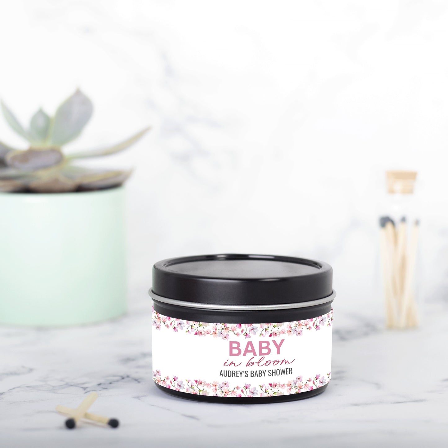 Personalized Magnolia Baby Shower Candle Favors - Tin 4oz