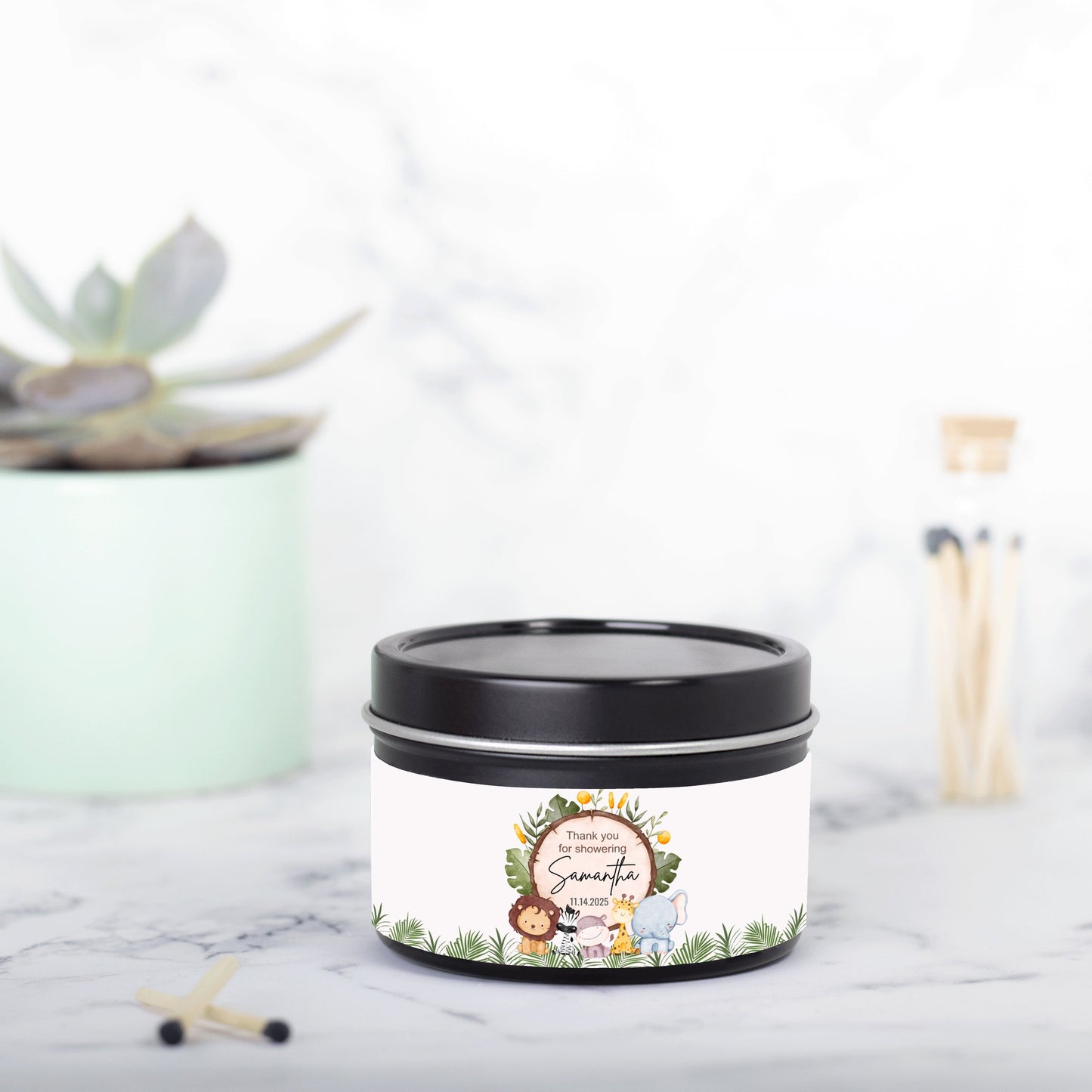 Personalized Safari Baby Shower Candle Favors - Tin 4oz