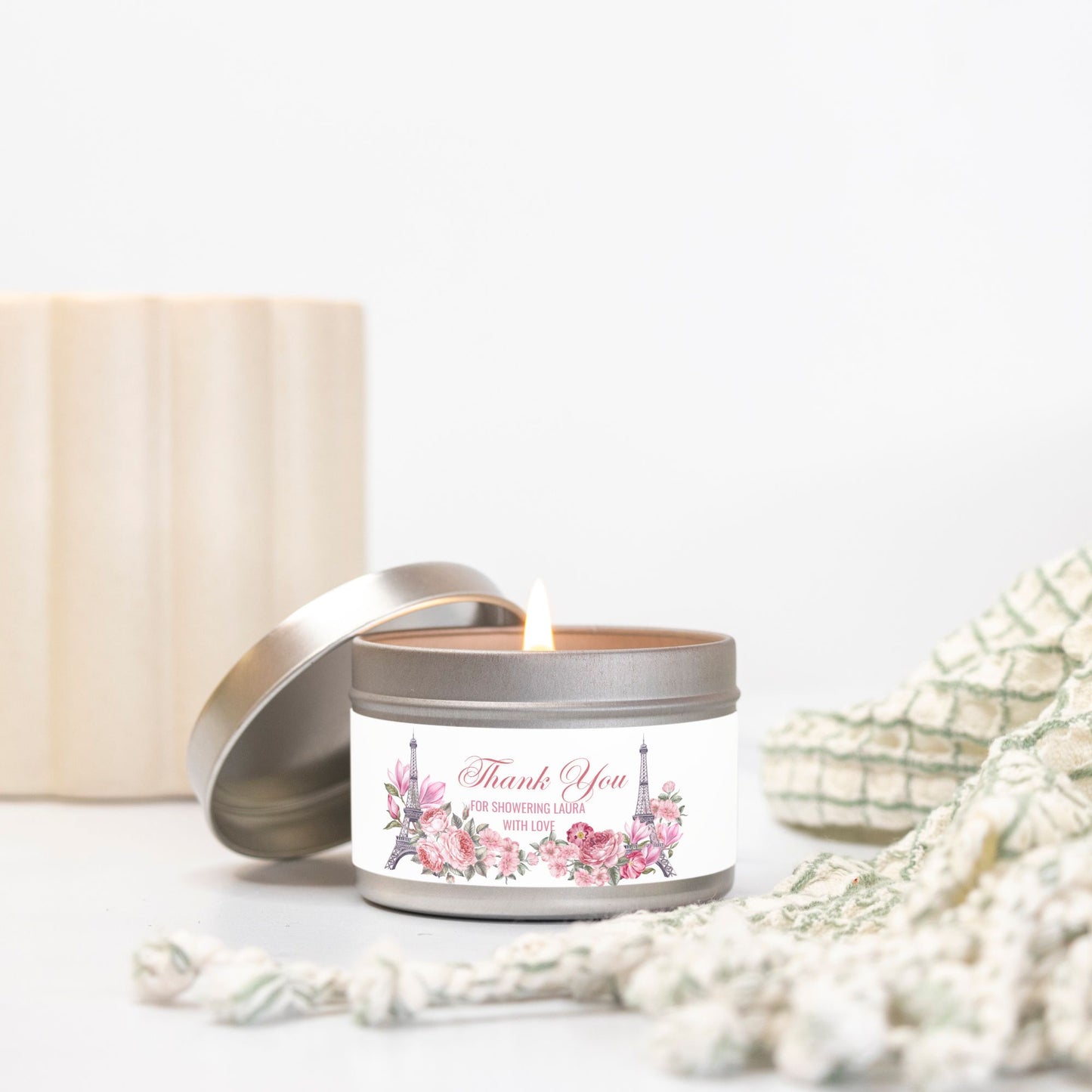 Personalized Eiffel Tower French Themed Bridal Shower Candle Favor - Tin 4oz