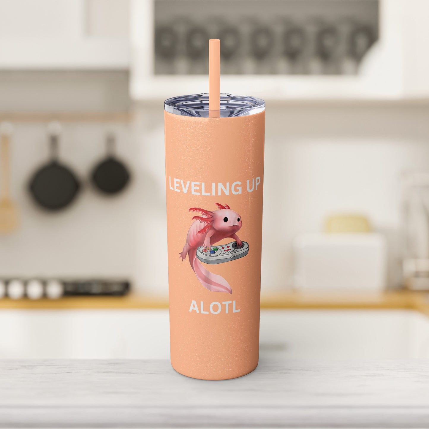 Leveling Up Alotl 20oz Gaming Skinny Tumbler with Straw