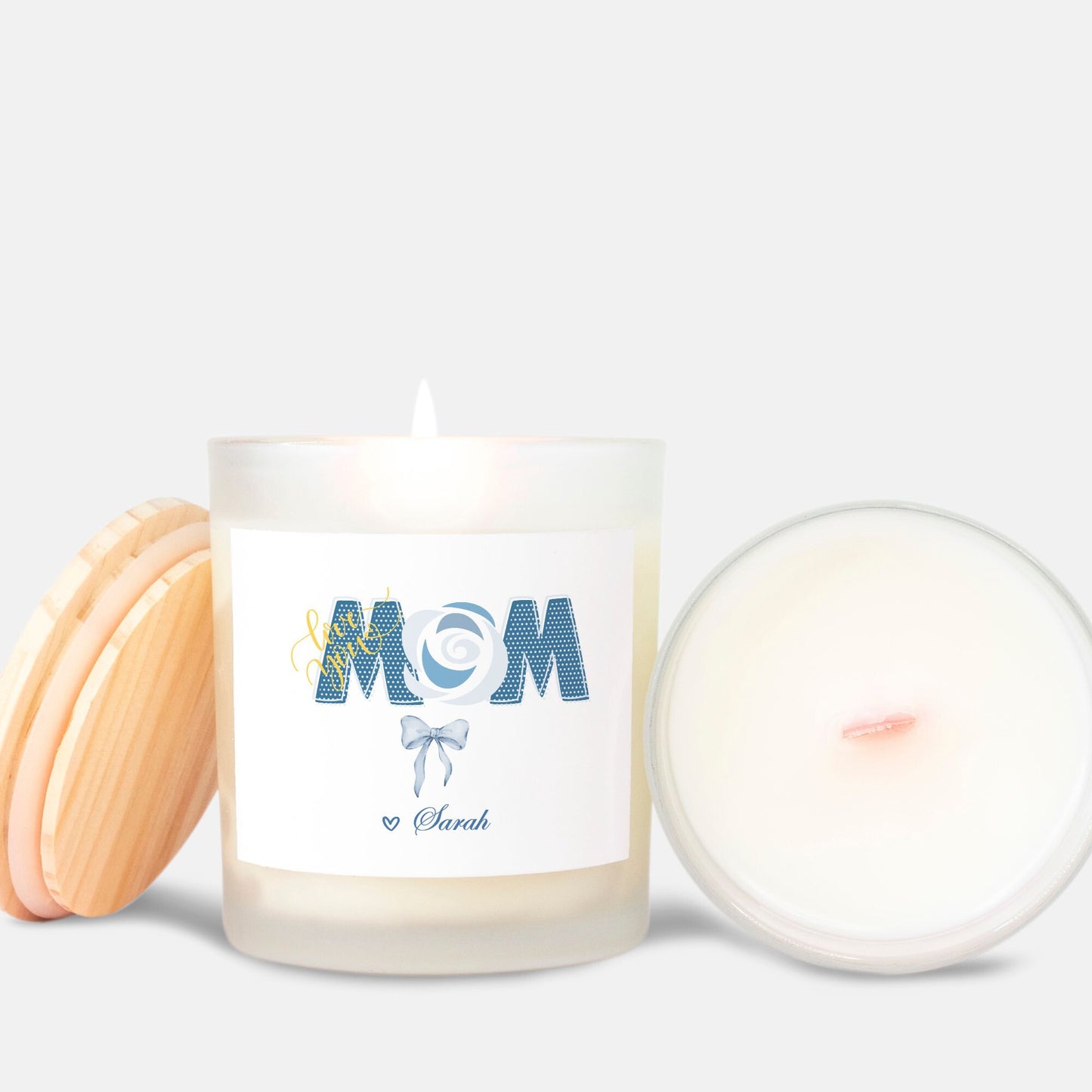 Personalized Mom Blue Coquette Candle in Frosted Glass (11oz)