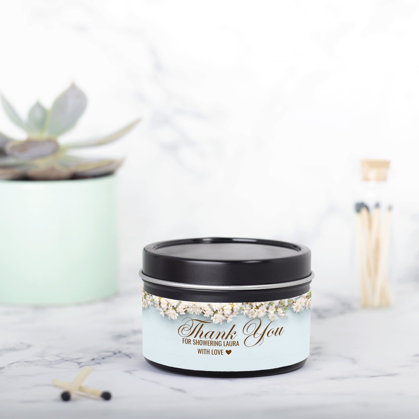 Personalized Dusty Blue Floral Bridal Shower Candle Favor - Tin 4oz