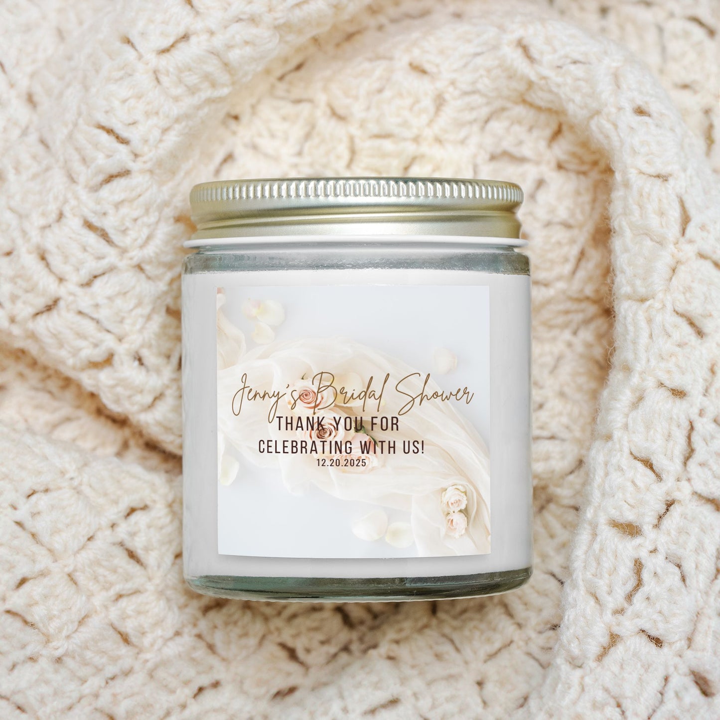Personalized Beige Boho Bridal Shower Candle Favor in Clear Glass Jar (4oz)