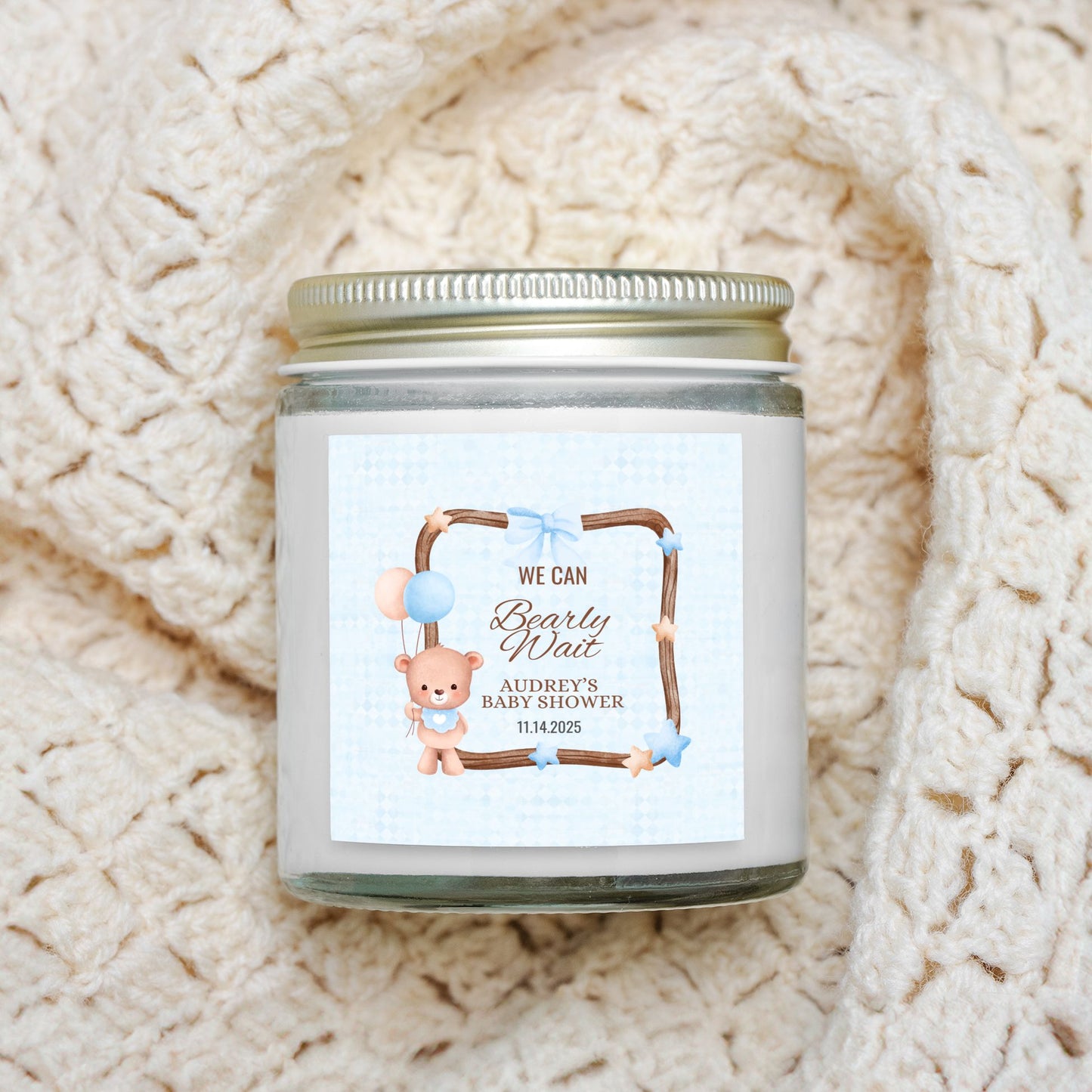 Personalized We Can Bearly Wait Baby Shower Candle Favors - Clear Glass Jar 4oz