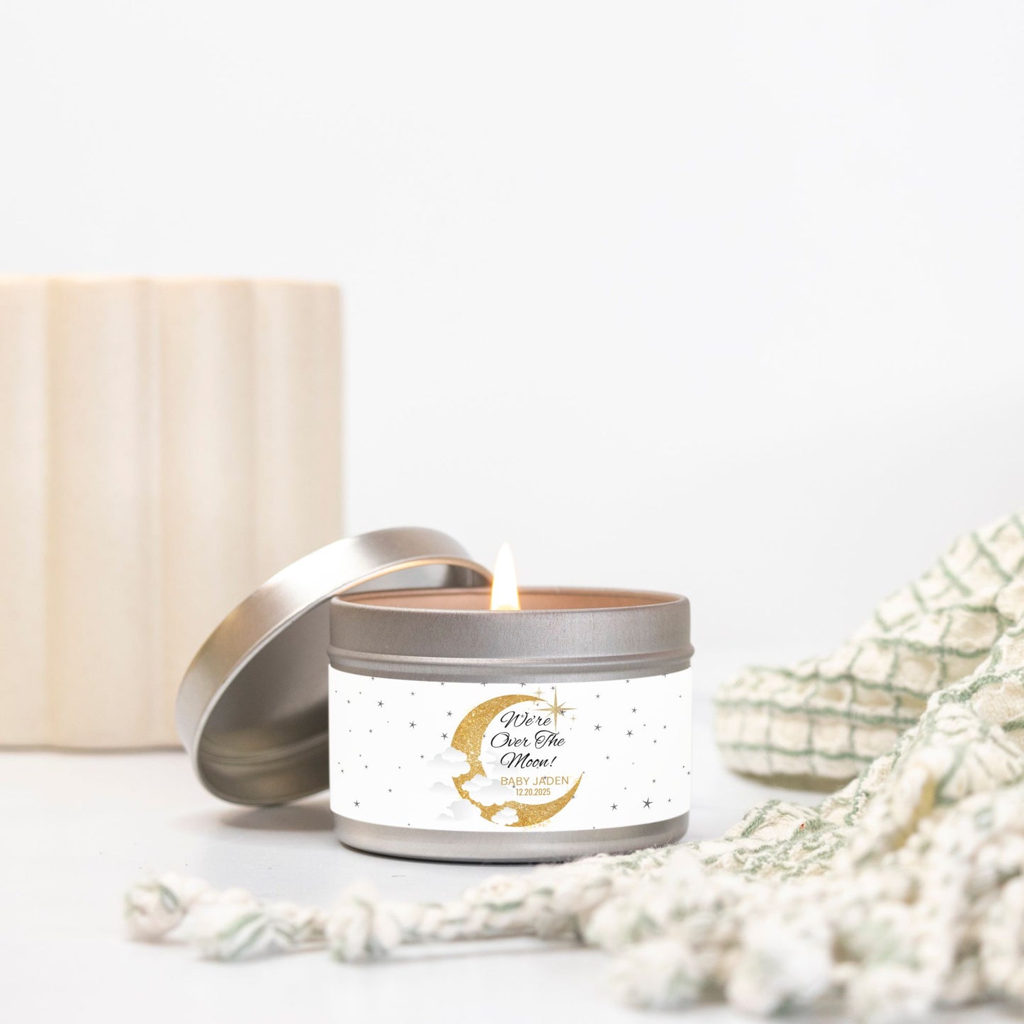Personalized We're Over The Moon Baby Shower Candle Favors - Tin 4oz