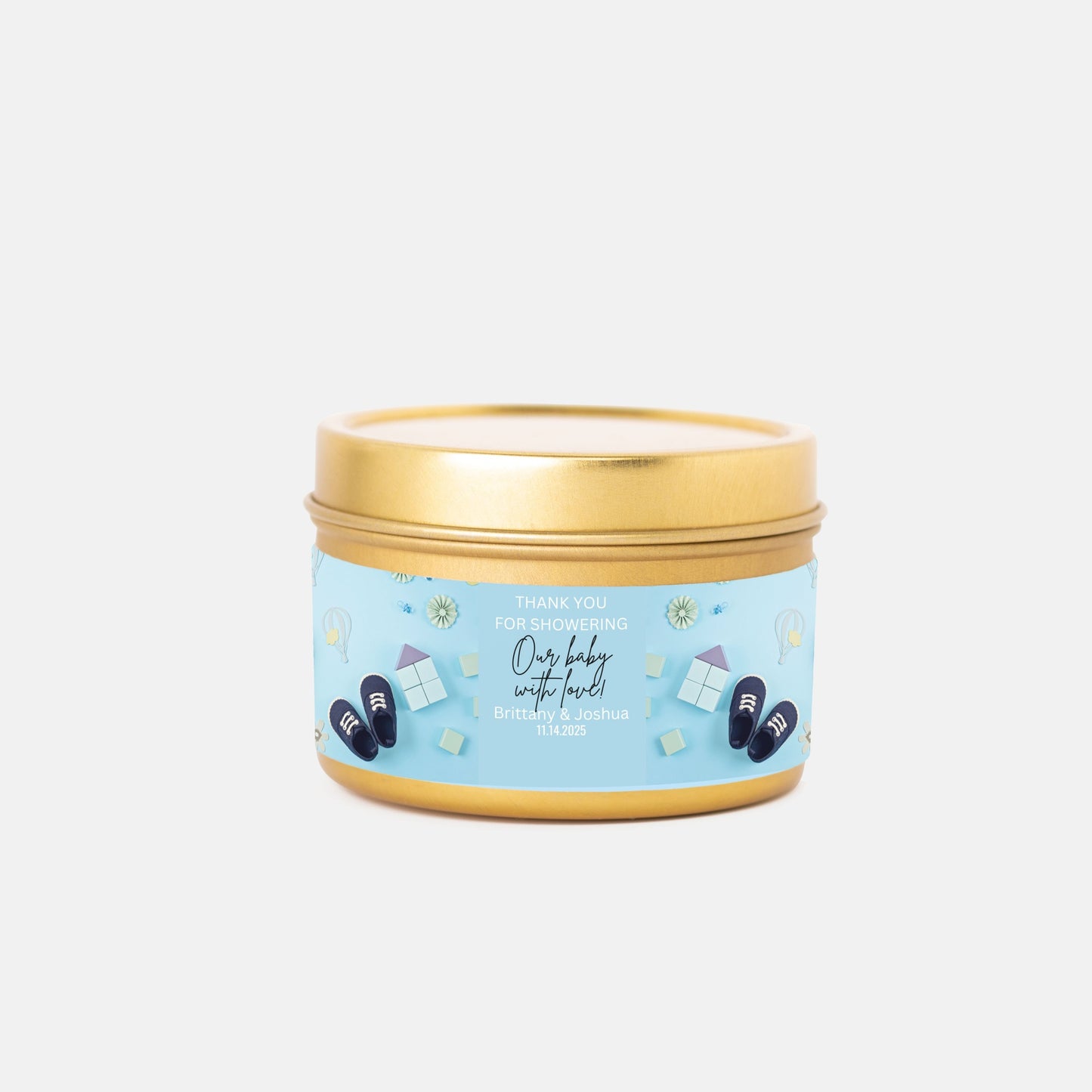 Personalized Baby Shoes Baby Shower Candle Favors - Tin 4oz