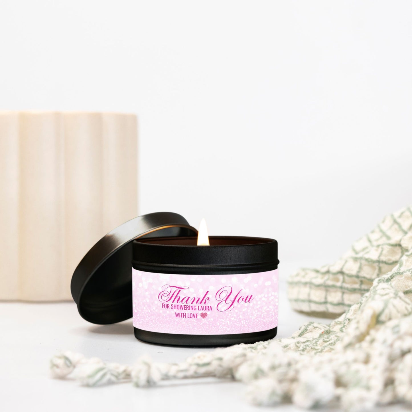 Personalized Pink Faux Glitter Bridal Shower Candle Favor - Tin 4oz