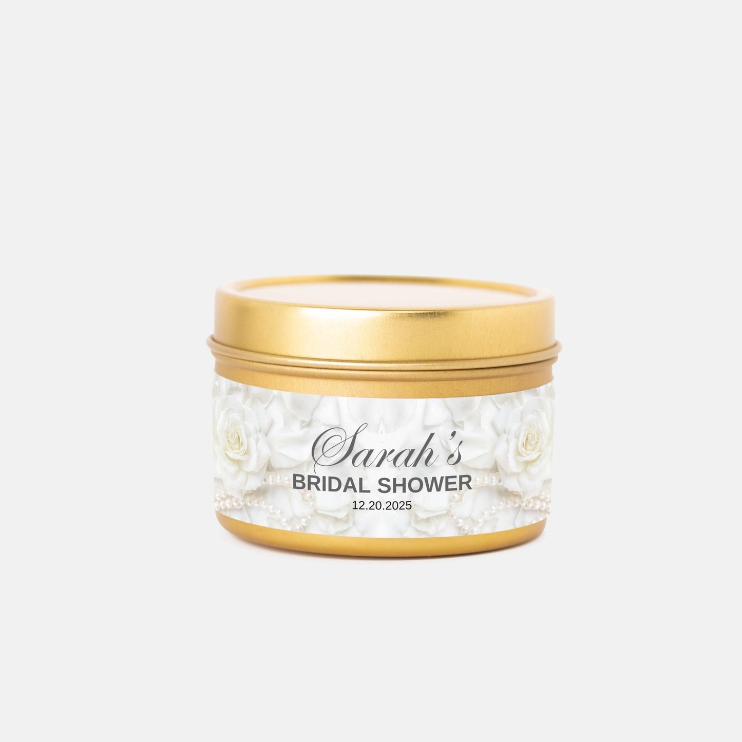 Personalized White Rose and Pearl Bridal Shower Candle Favor - Tin 4oz