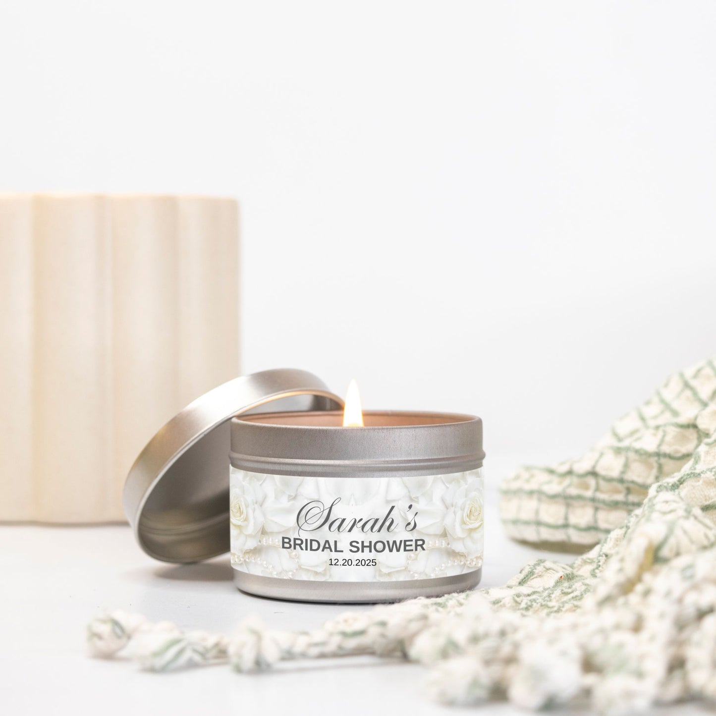 Personalized White Rose and Pearl Bridal Shower Candle Favor - Tin 4oz