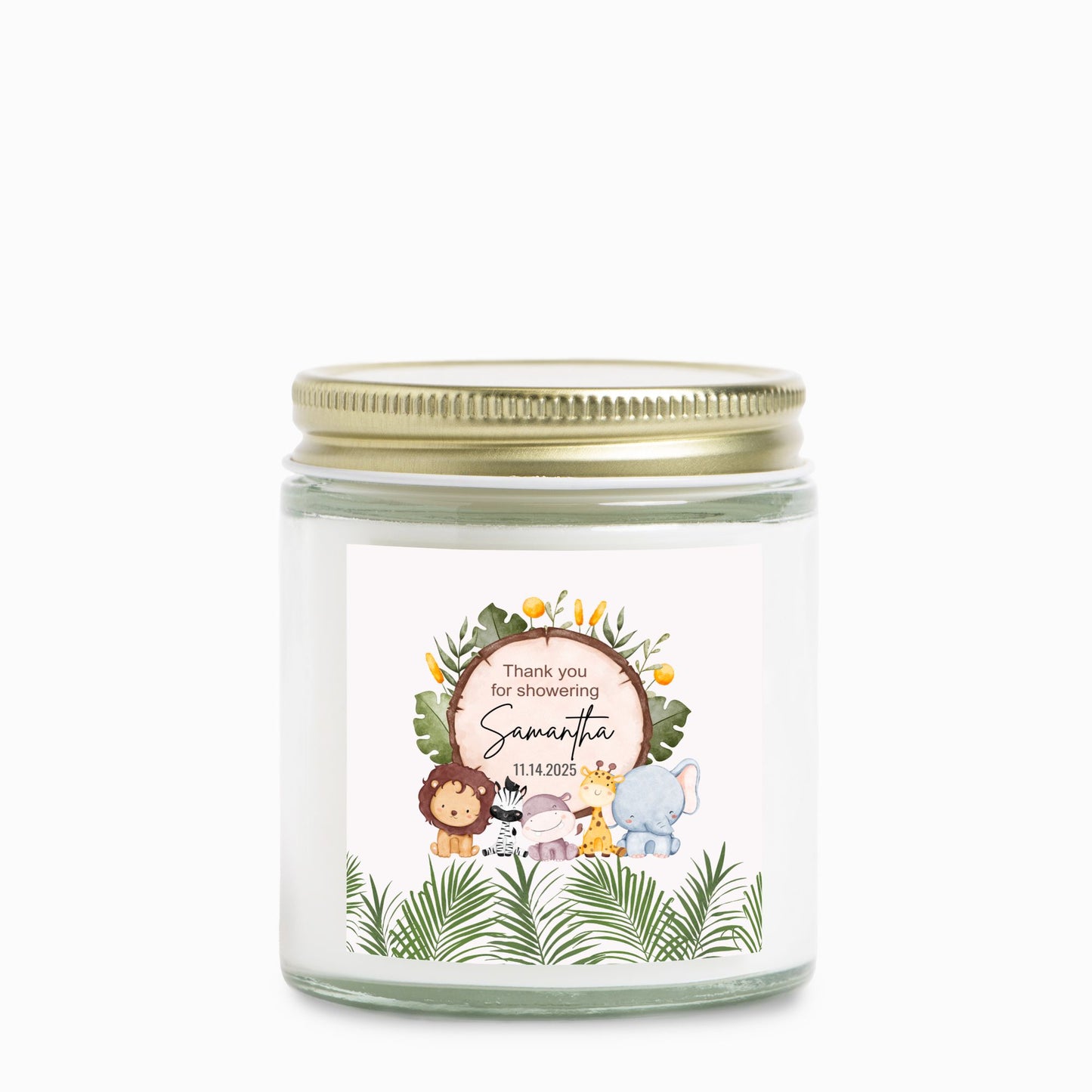 Personalized Safari Animals Baby Shower Candle Favors - Clear Glass Jar 4oz