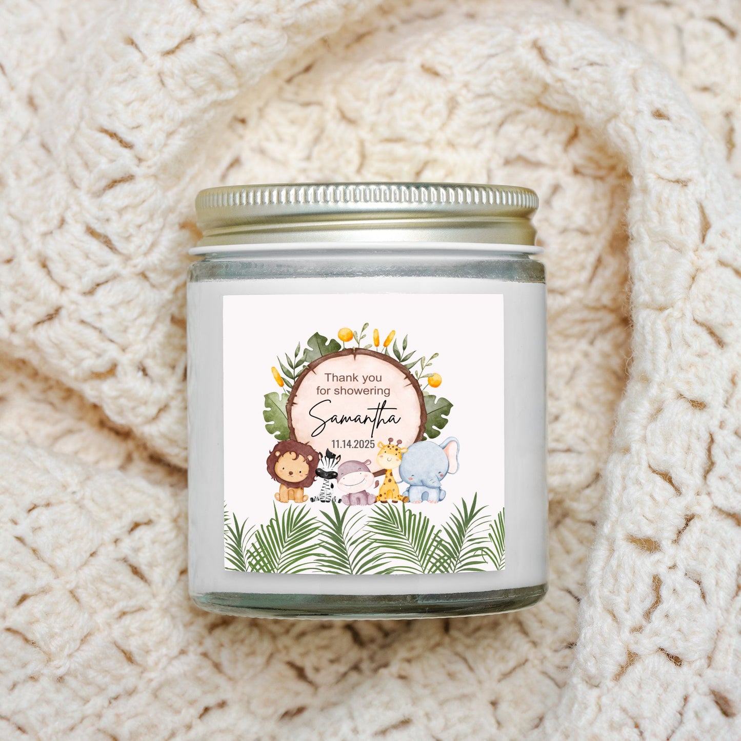 Personalized Safari Animals Baby Shower Candle Favors - Clear Glass Jar 4oz