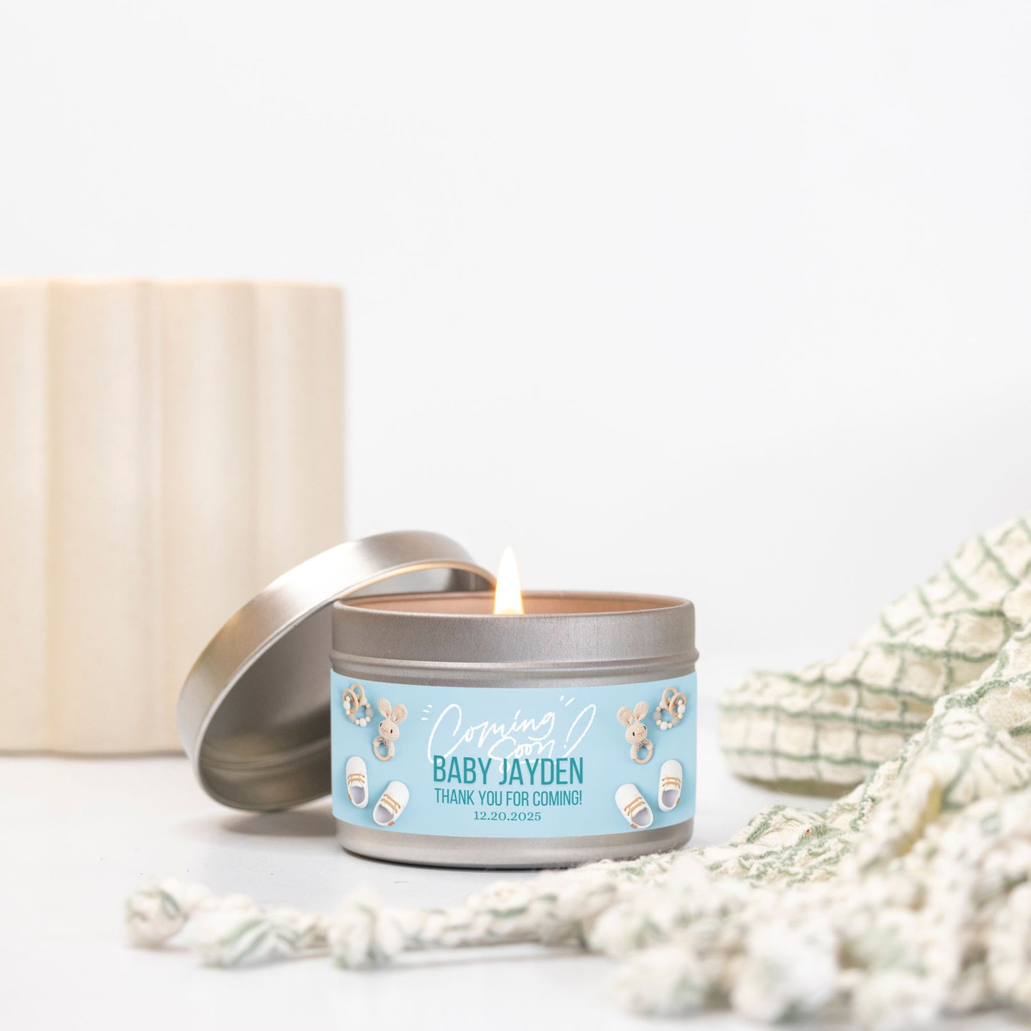 Personalized Coming Soon Baby Shower Candle Favors - Tin 4oz