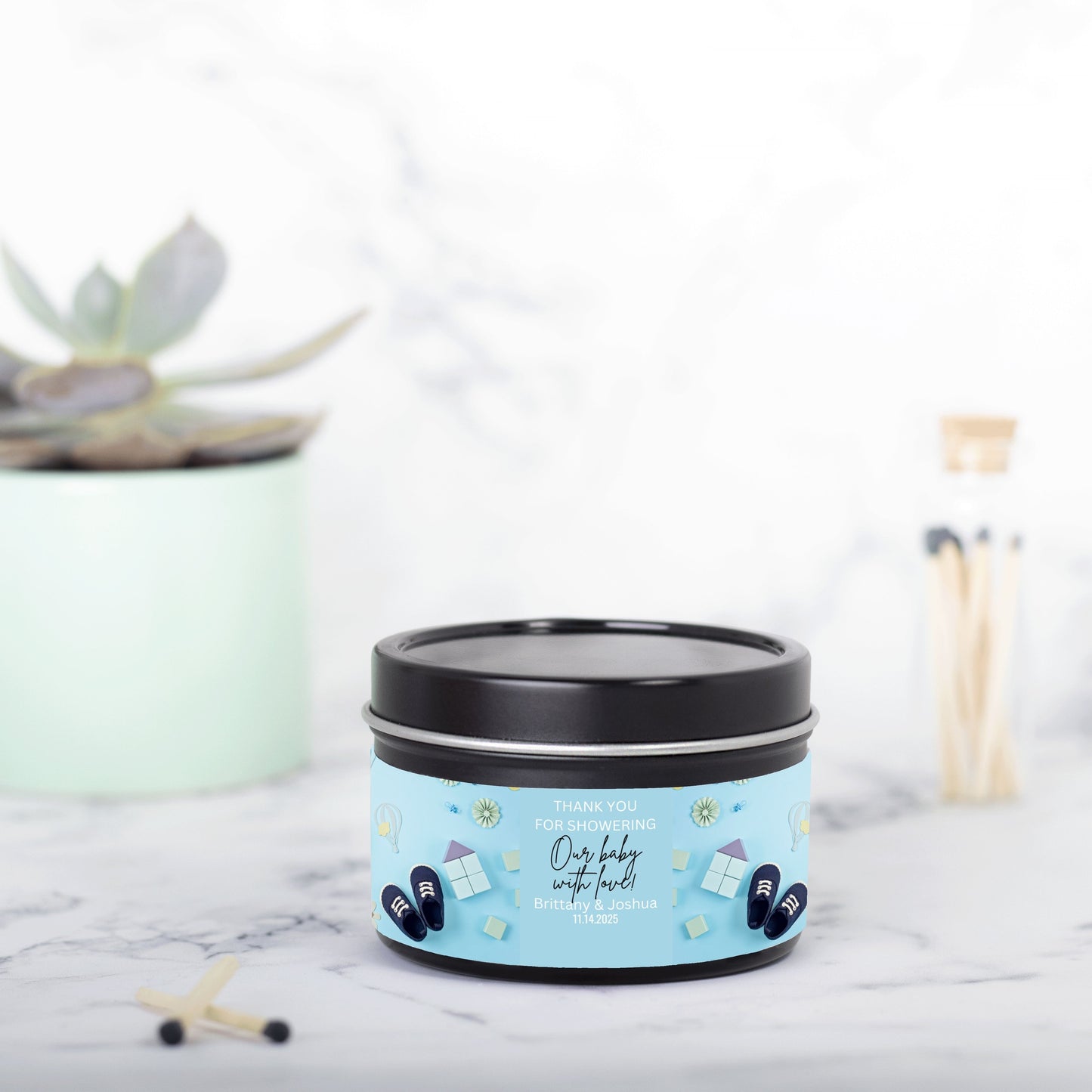 Personalized Baby Shoes Baby Shower Candle Favors - Tin 4oz