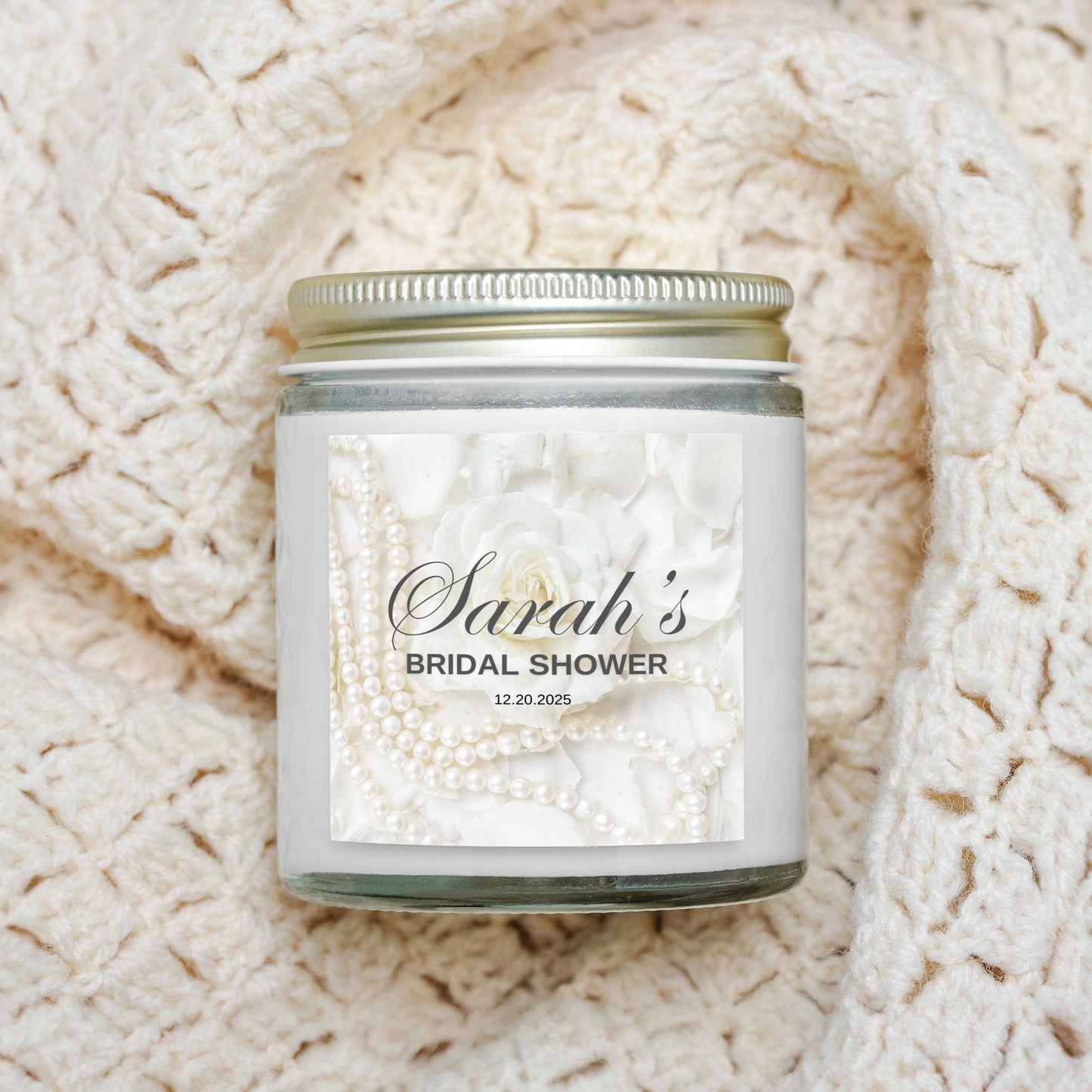 Personalized Roses and Pearl Themed Bridal Shower Candle Favor in Clear Glass Jar (4oz)