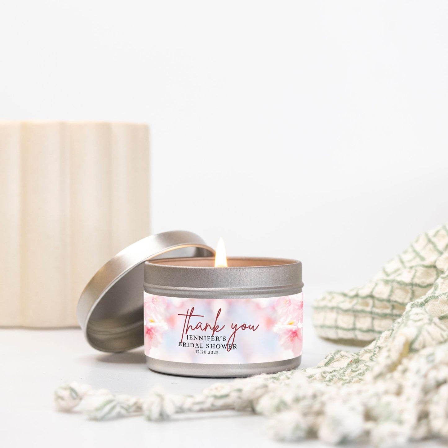 Personalized Spring Cherry Blossom Themed Bridal Shower Candle Favor - Tin 4oz