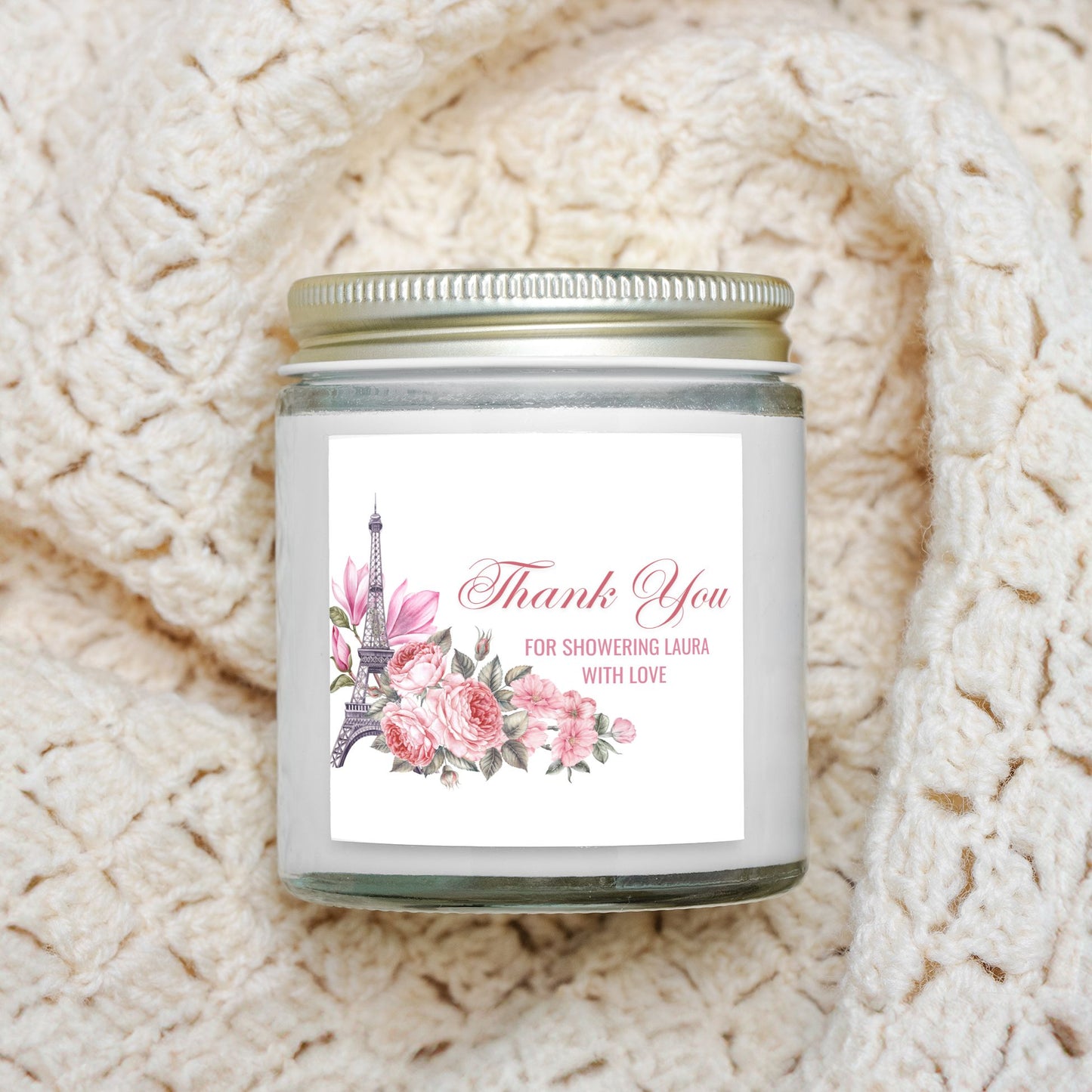 Personalized Eiffel Tower French Themed Bridal Shower Candle Favor in Clear Glass Jar (4oz)