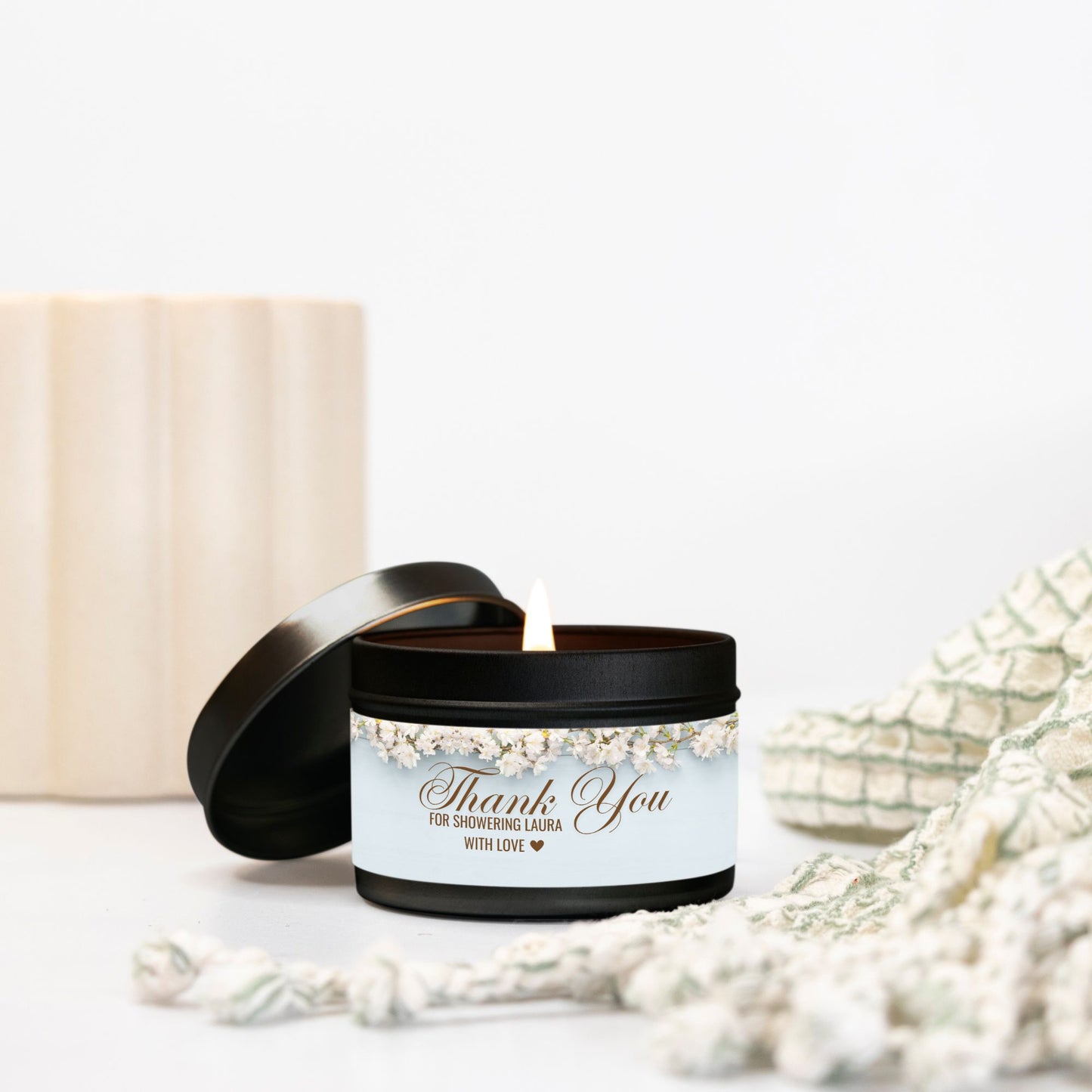 Personalized Dusty Blue Floral Bridal Shower Candle Favor - Tin 4oz