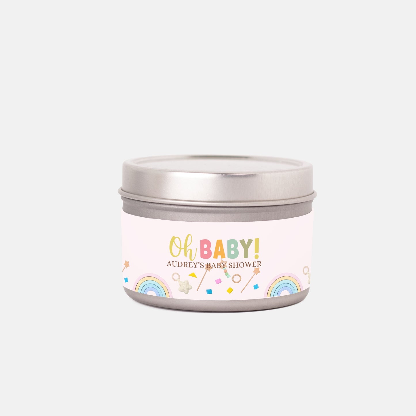 Personalized Rainbow Themed Oh Baby Shower Candle Favors - Tin 4oz