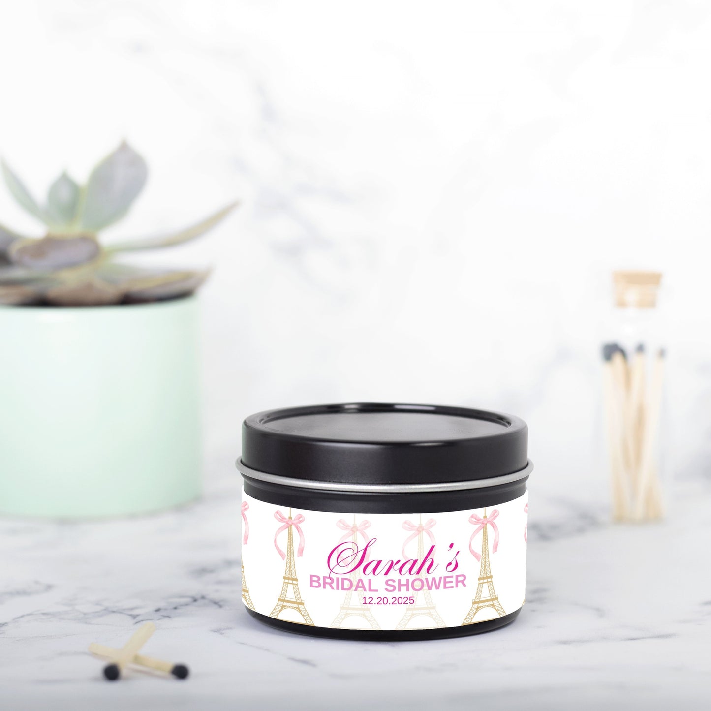 Personalized Eiffel Tower French Themed Bridal Shower Candle Favor - Tin 4oz