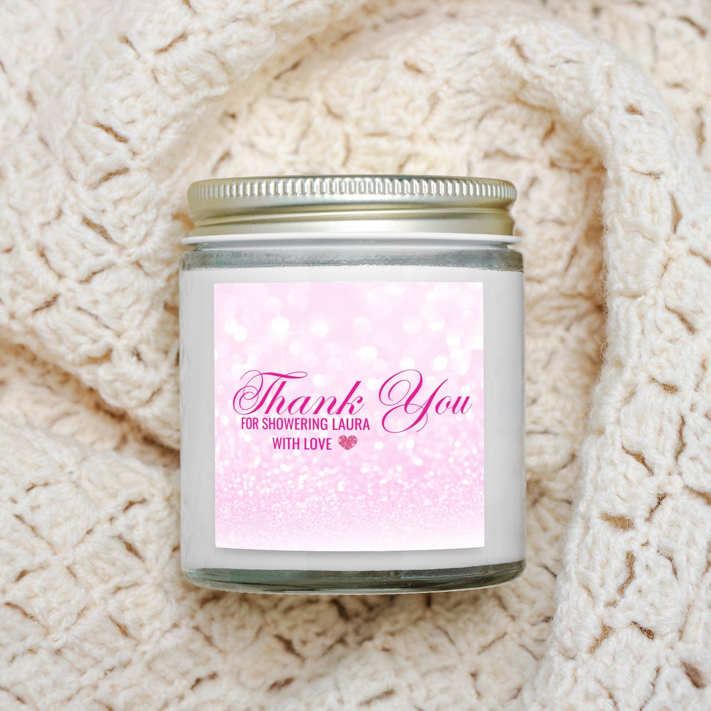 Personalized Faux Pink Glitter Bridal Shower Candle Favor in Clear Glass Jar (4oz)