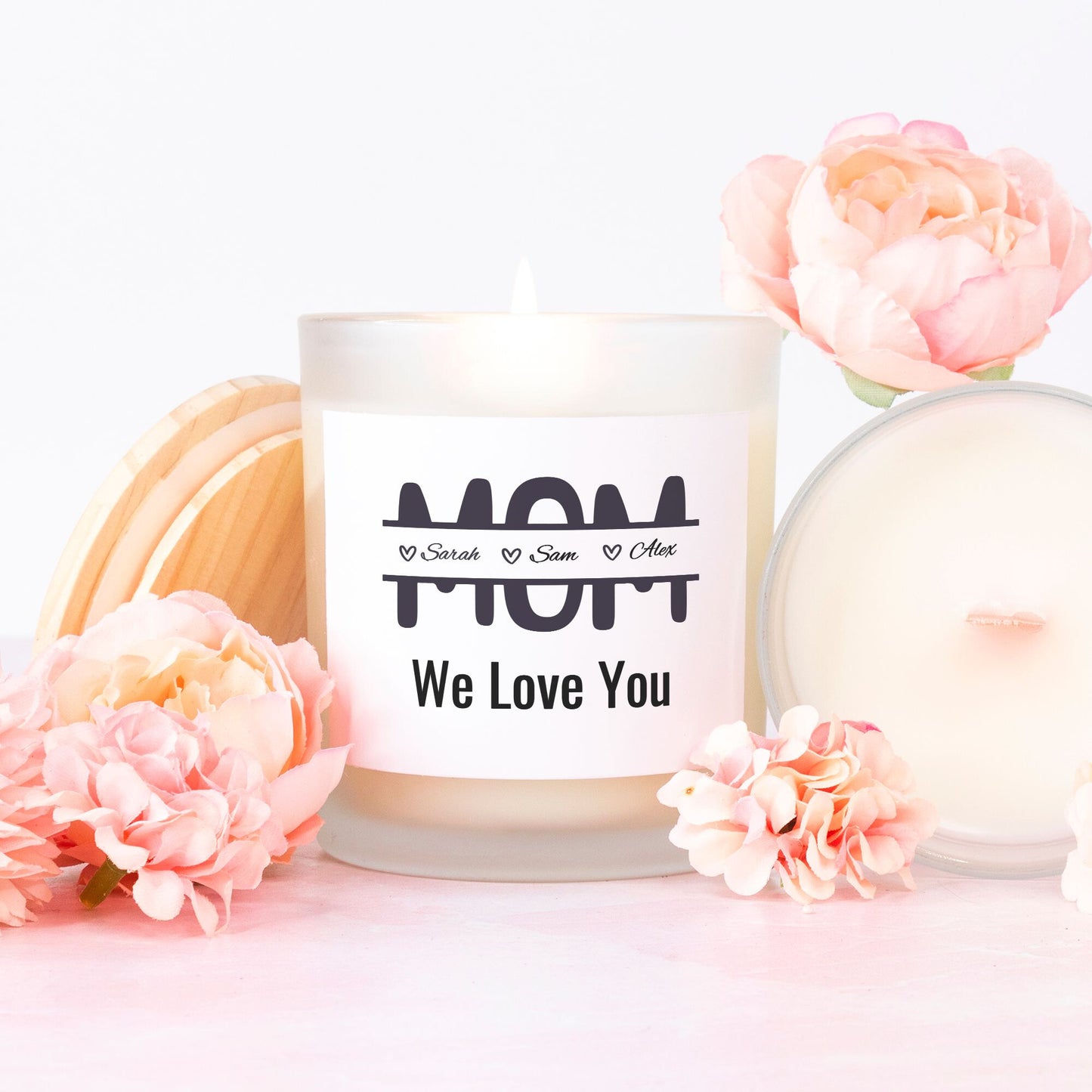 Personalized Mom We Love You Candle in Frosted Glass (Hand Poured 11 oz)