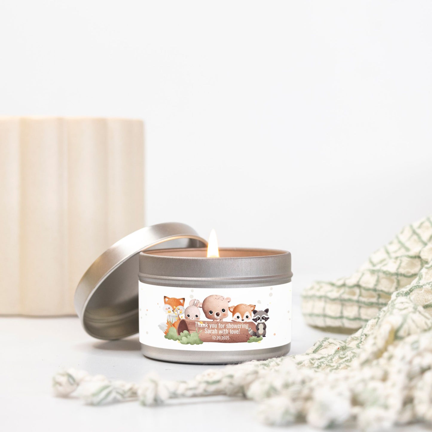Personalized Woodland Animals Baby Shower Favor Candles - Tin 4oz