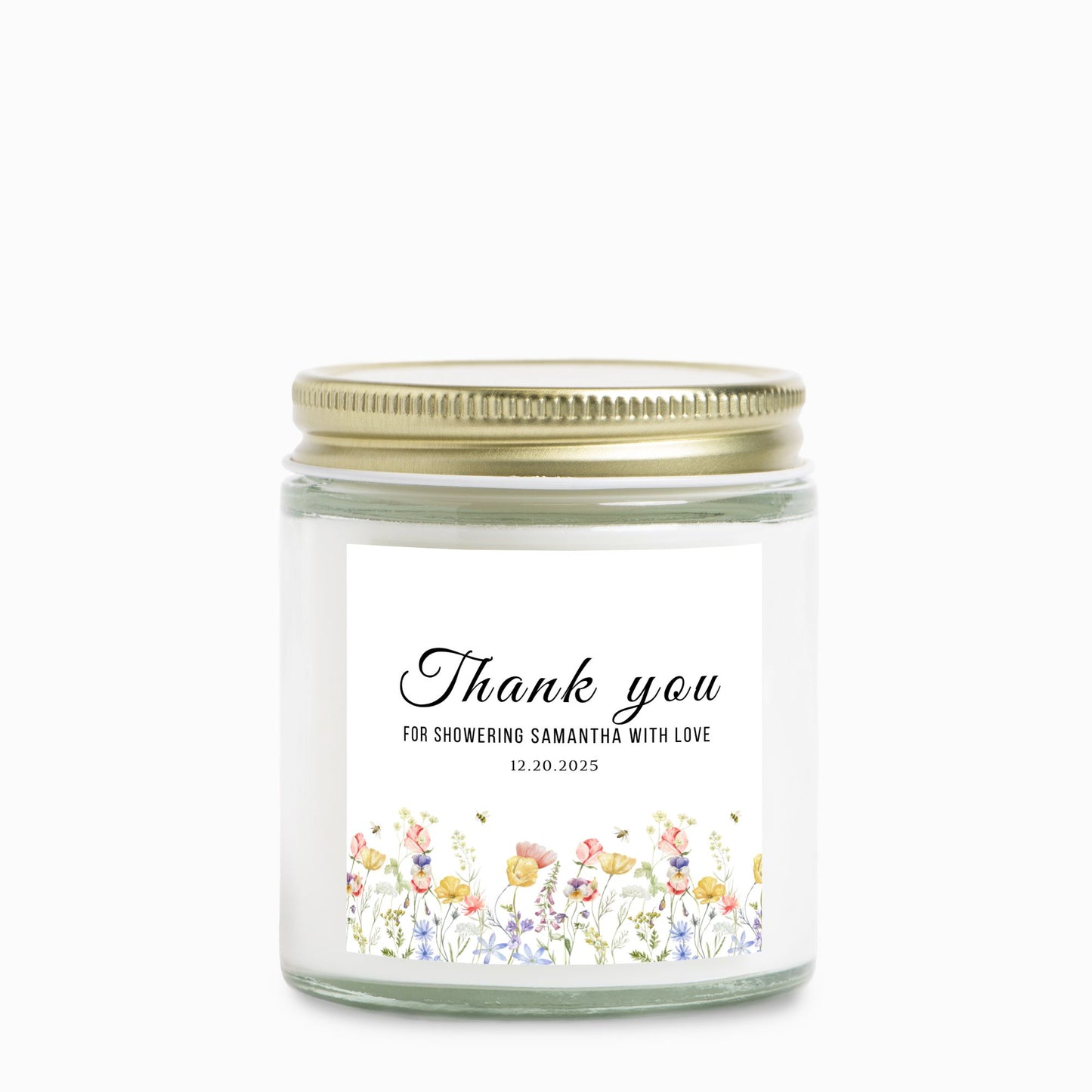 Personalized Wildflower Bridal Shower Candle Favor in Clear Glass Jar (4oz)