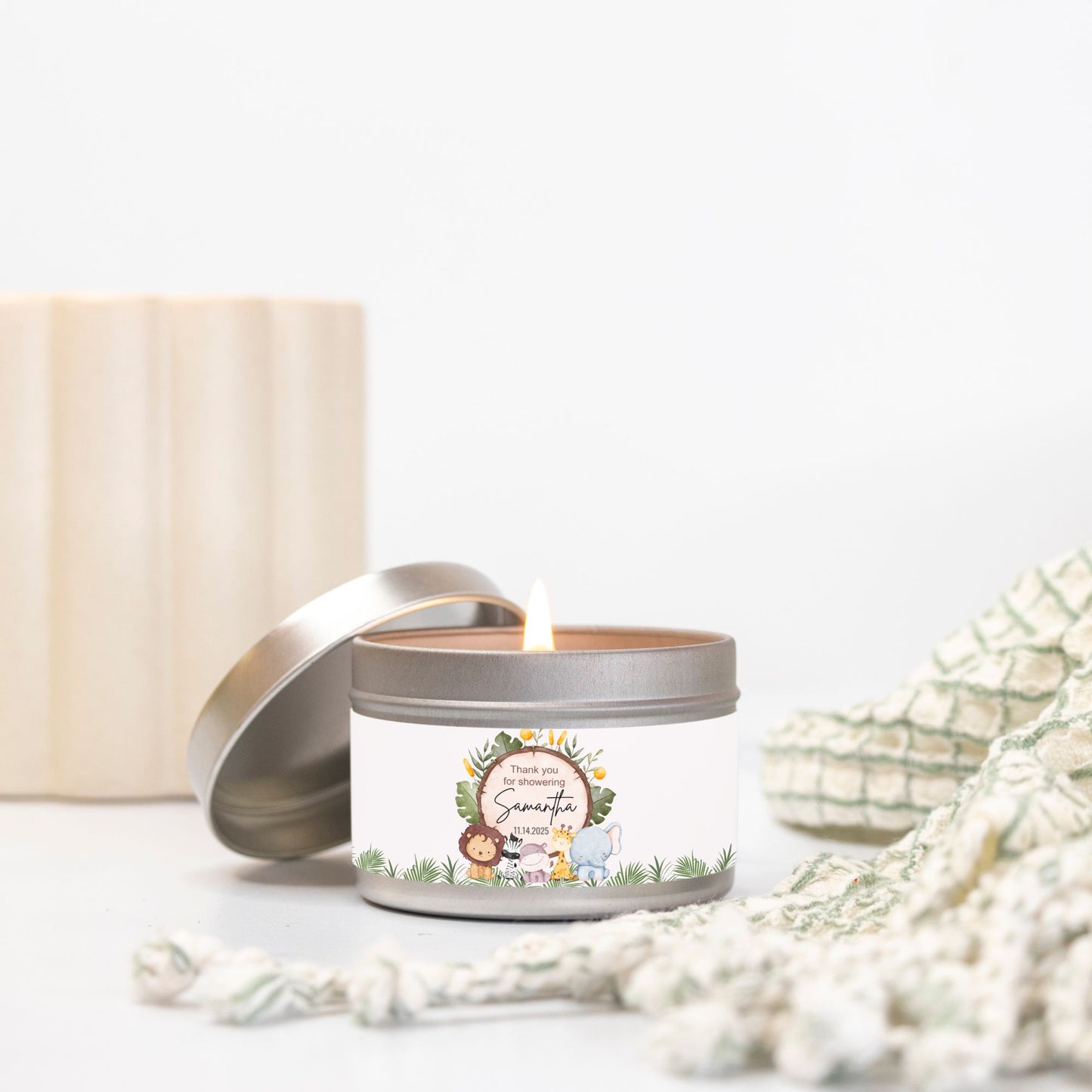 Personalized Safari Baby Shower Candle Favors - Tin 4oz