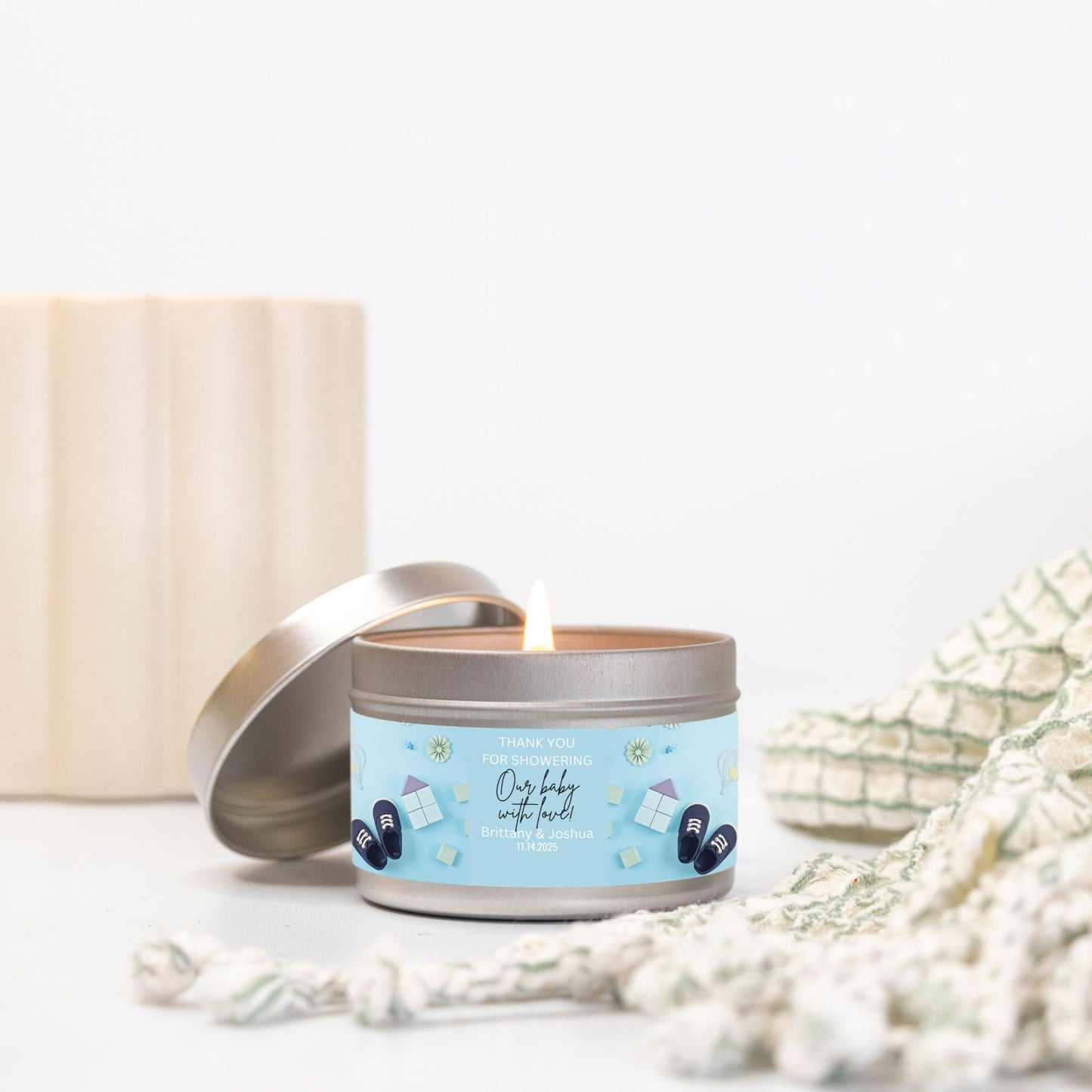 Personalized Baby Shoes Baby Shower Candle Favors - Tin 4oz