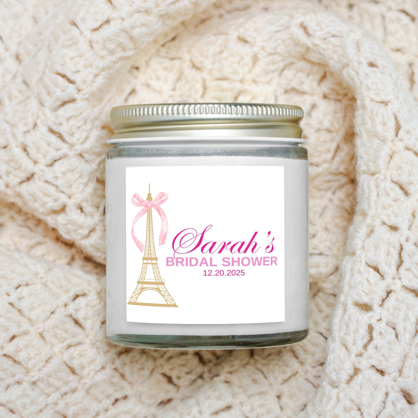 Personalized Eiffel Tower French Themed Bridal Shower Candle Favor in Clear Glass Jar (4oz)