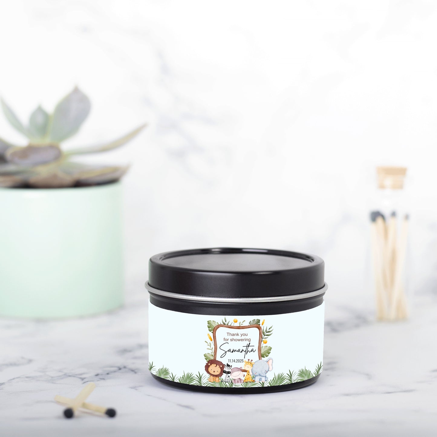 Personalized Safari Animals Baby Shower Candle Favors - Tin 4oz
