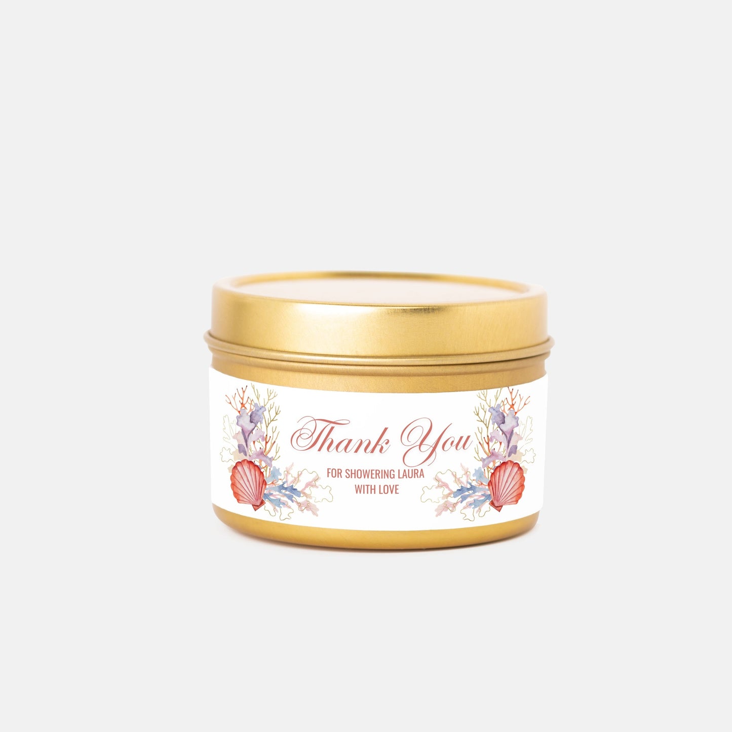 Personalized Coral Beach Themed Bridal Shower Candle Favor - Tin 4oz