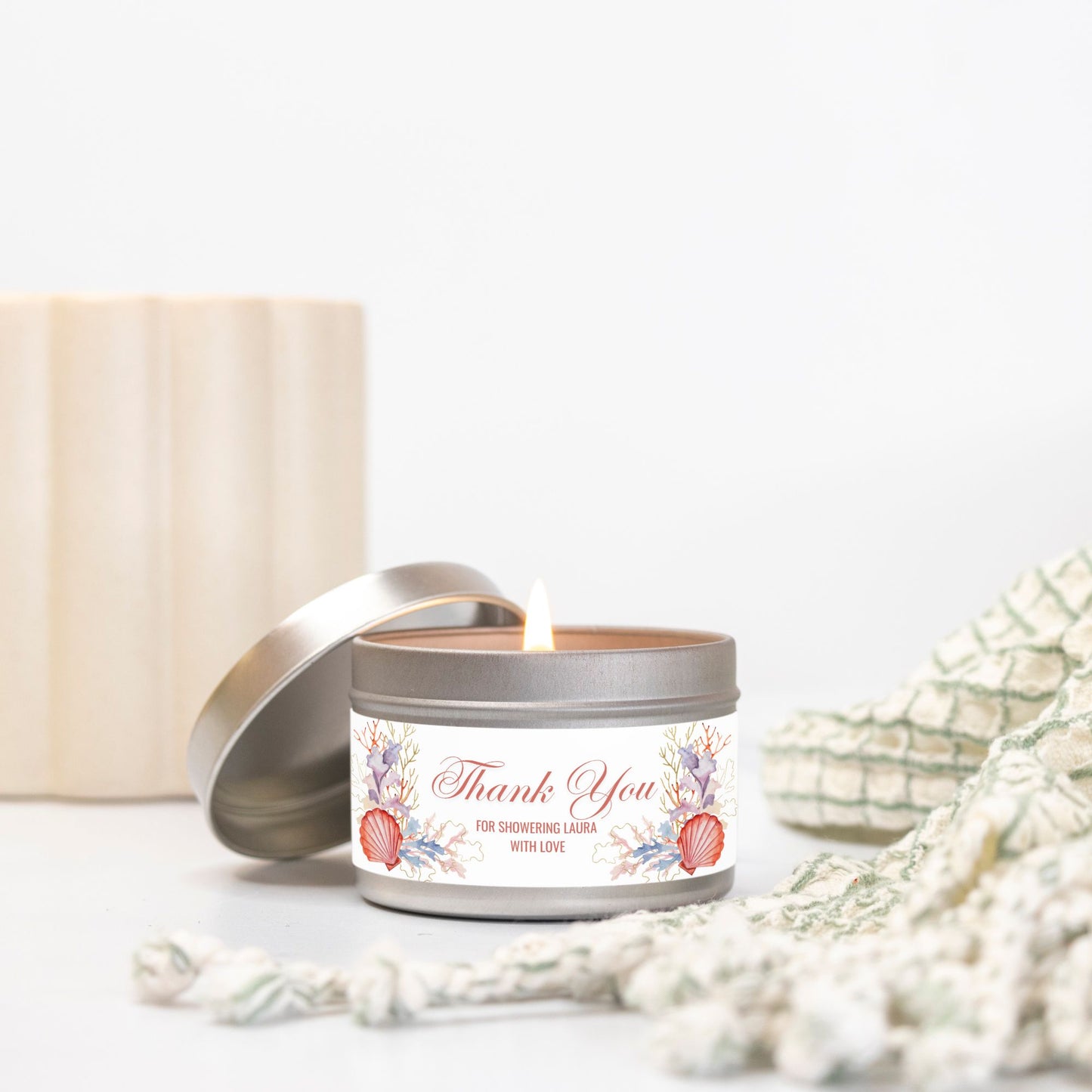 Personalized Coral Beach Themed Bridal Shower Candle Favor - Tin 4oz