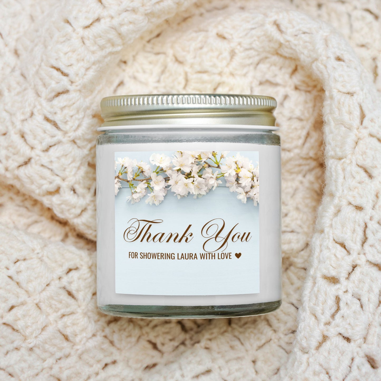 Personalized Floral Dusty Blue Bridal Shower Candle Favor in Clear Glass Jar (4oz)