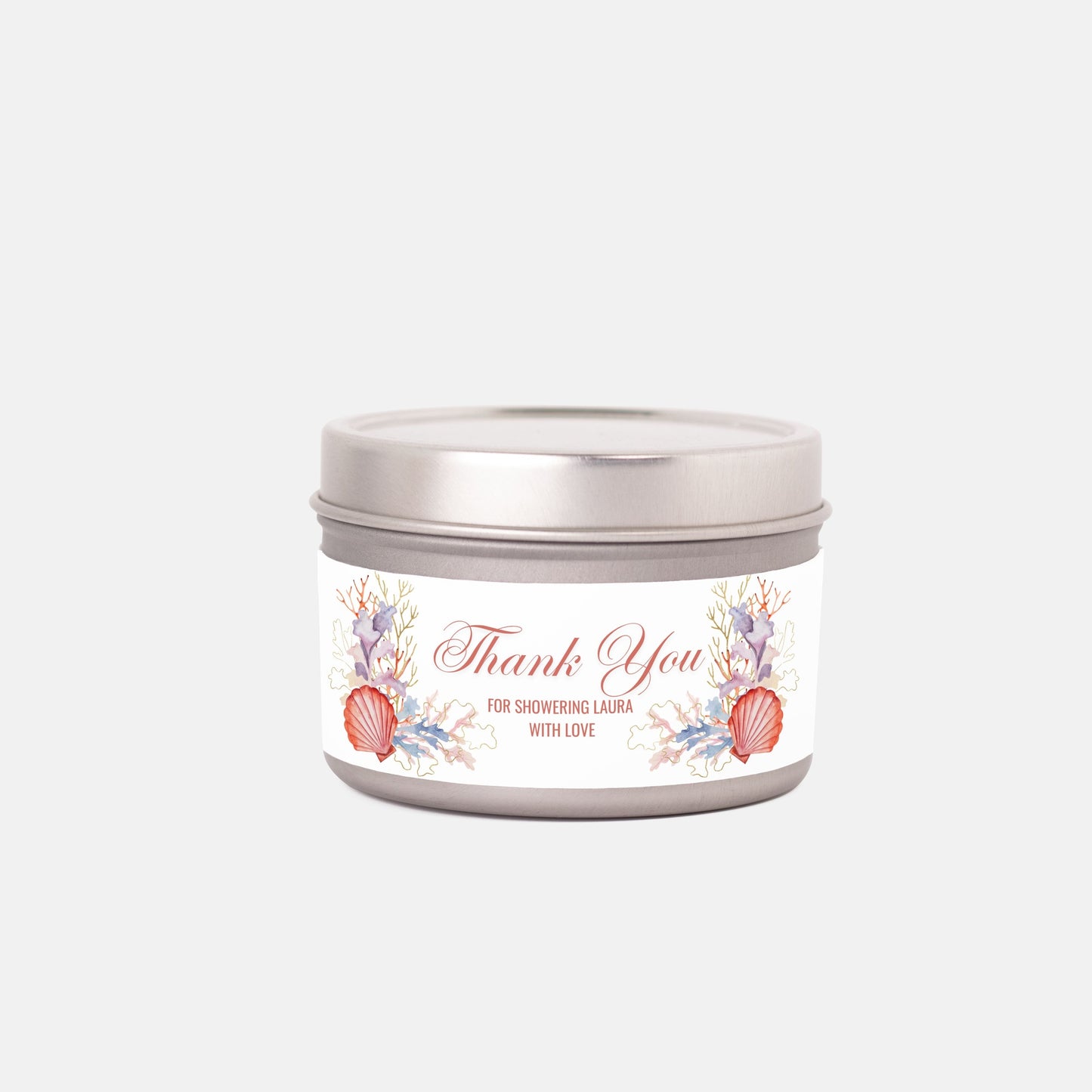 Personalized Coral Beach Themed Bridal Shower Candle Favor - Tin 4oz