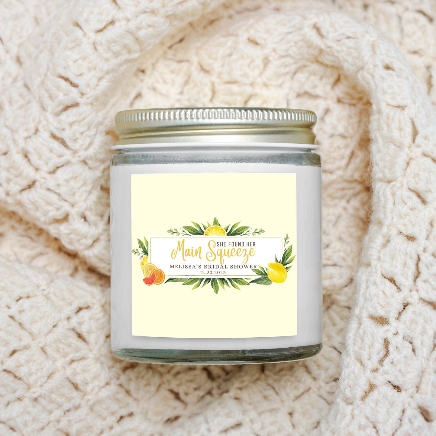Personalized Lemon Themed Bridal Shower Candle Favor in Clear Glass Jar (4oz)