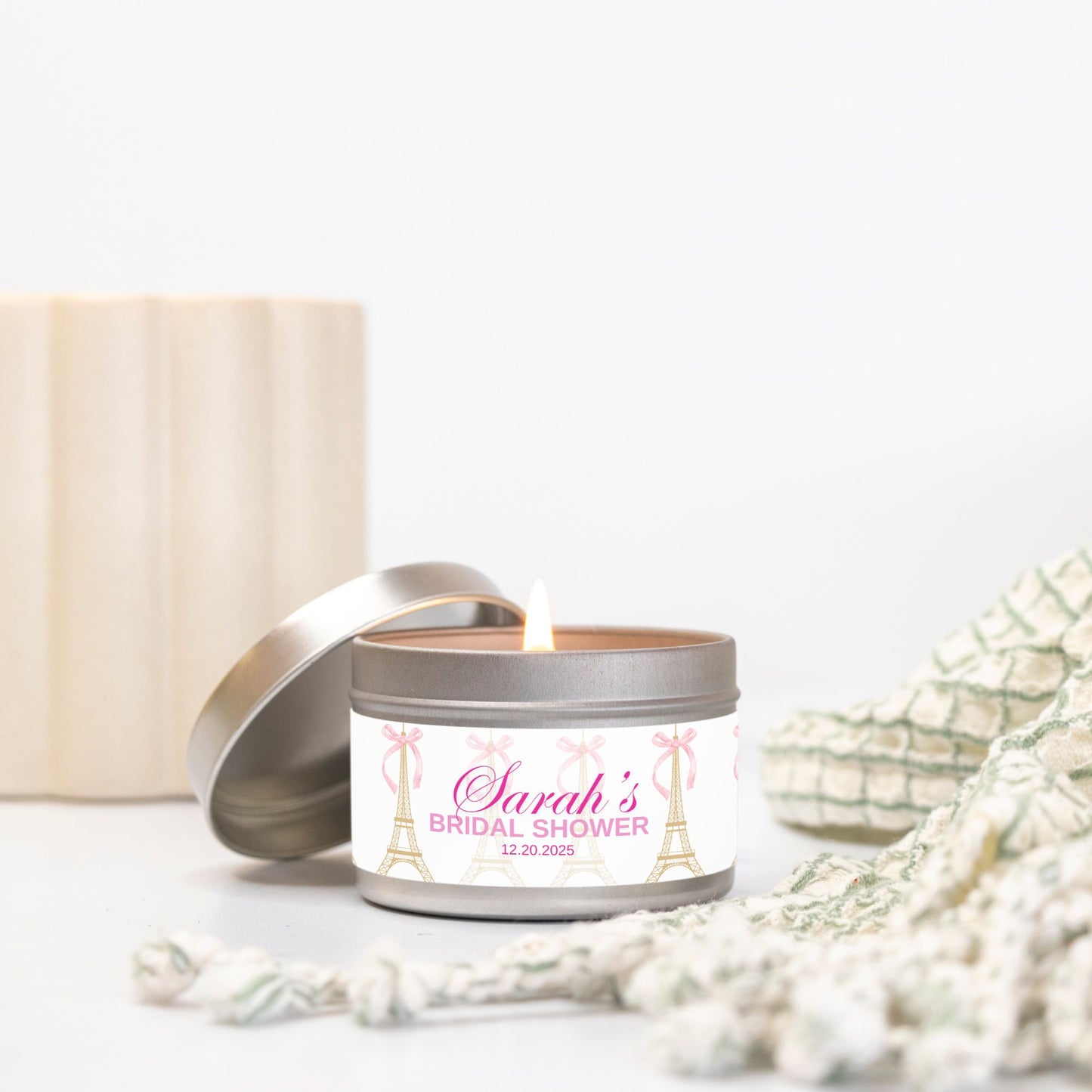 Personalized Eiffel Tower French Themed Bridal Shower Candle Favor - Tin 4oz