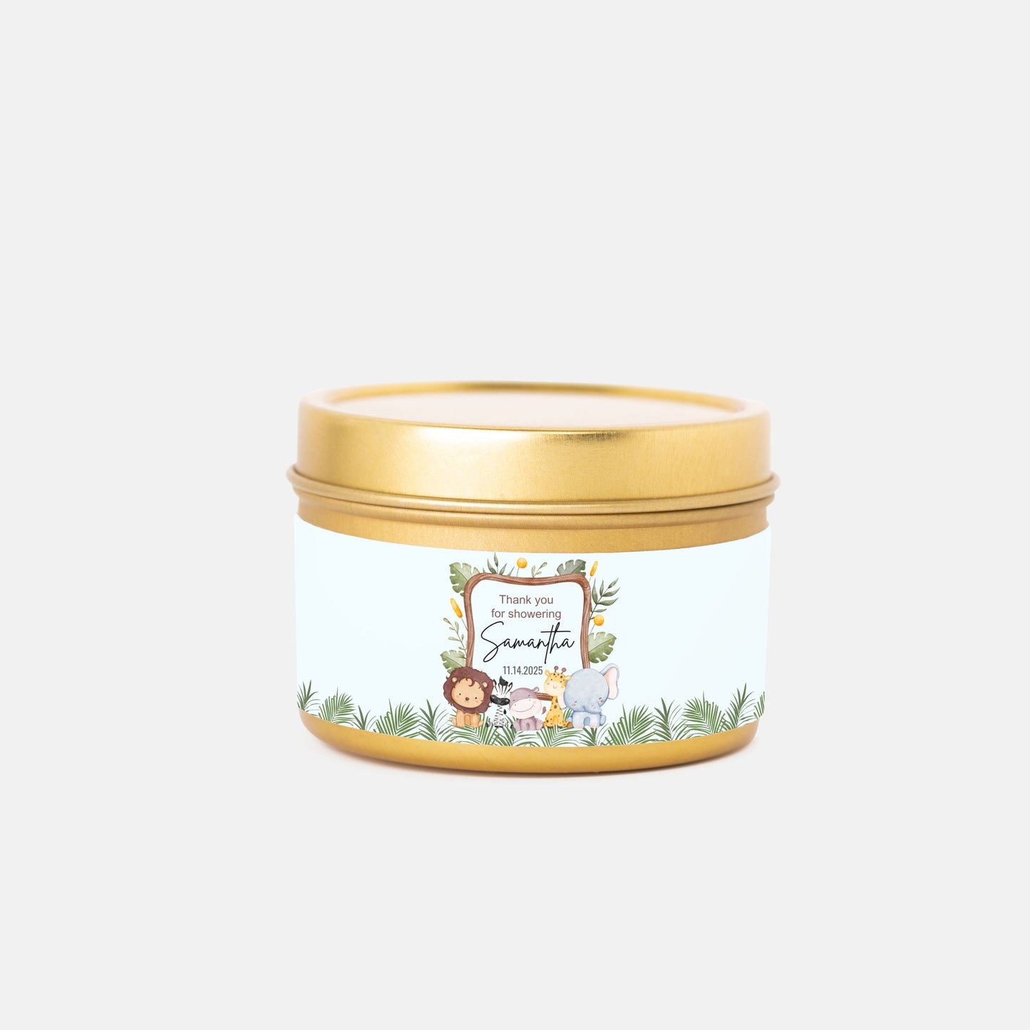 Personalized Safari Animals Baby Shower Candle Favors - Tin 4oz