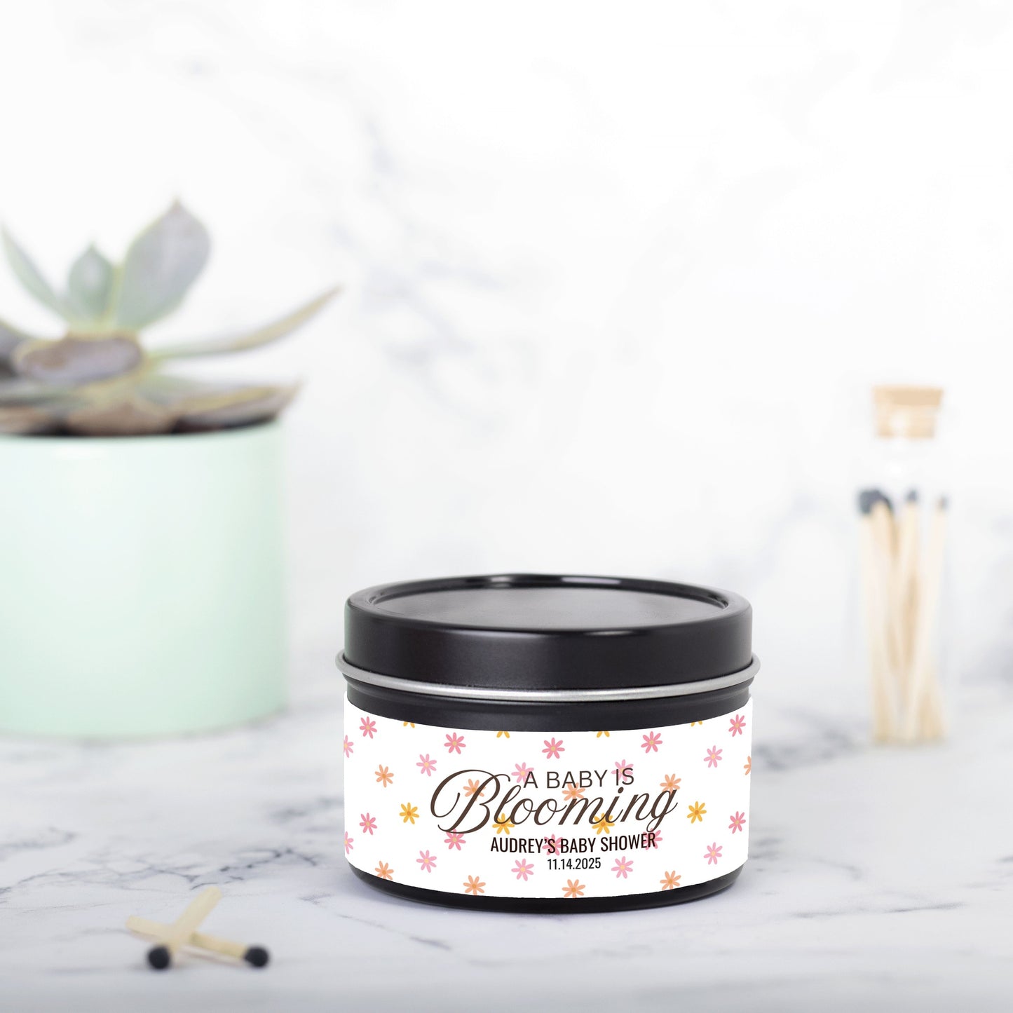 Personalized Daisy Themed Baby Shower Candle Favors - Tin 4oz