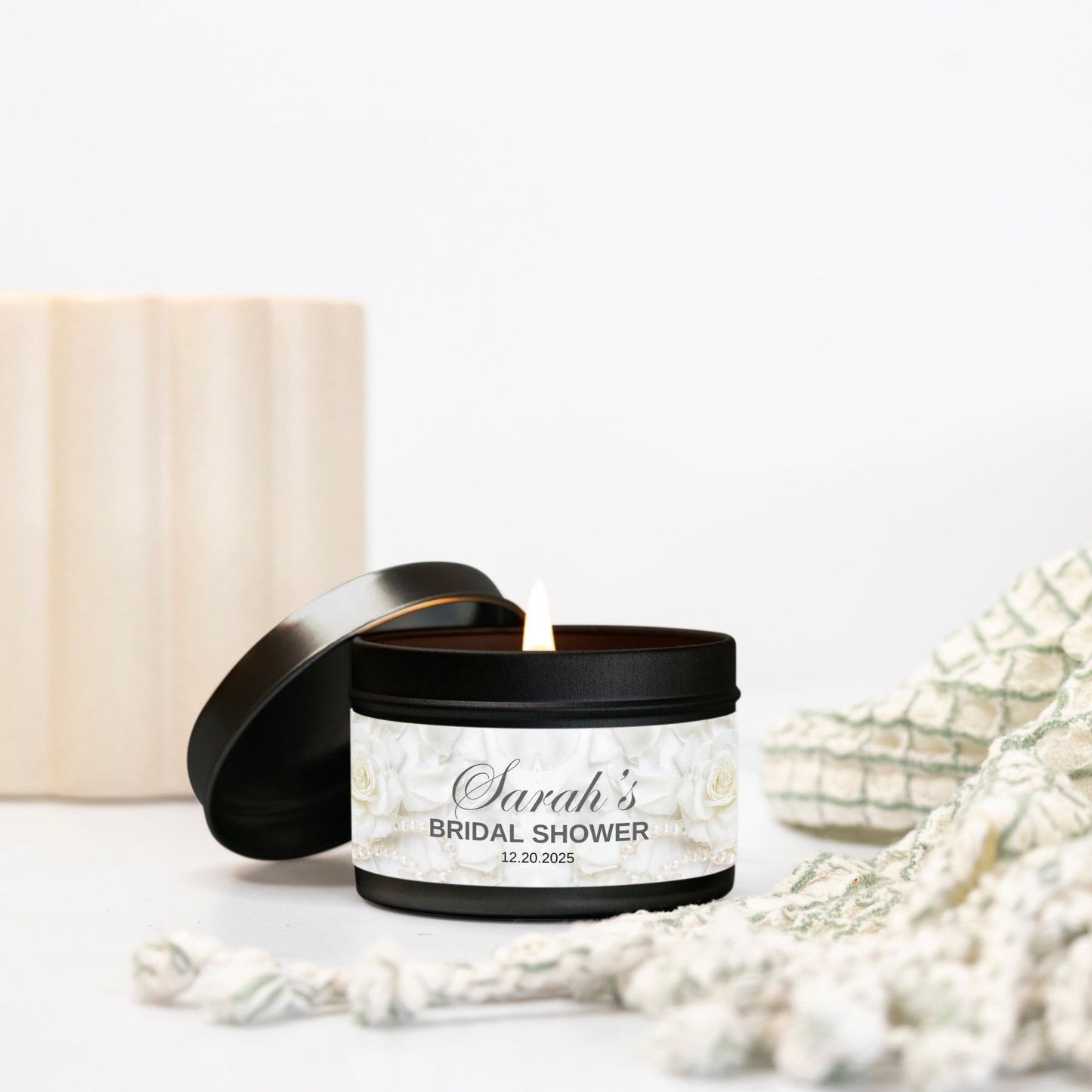Personalized White Rose and Pearl Bridal Shower Candle Favor - Tin 4oz