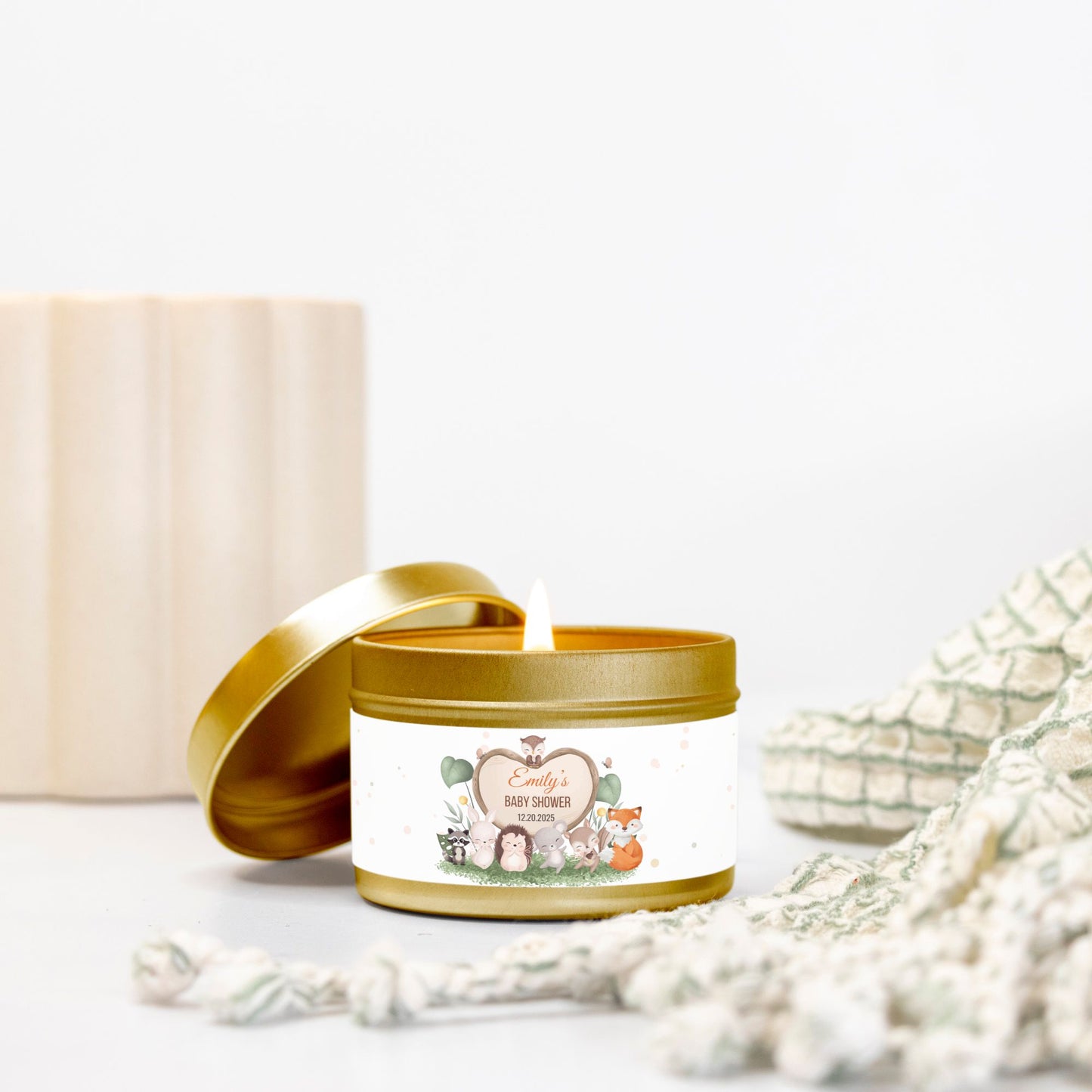 Personalized Woodland Animals Baby Shower Candle Favors - Tin 4oz