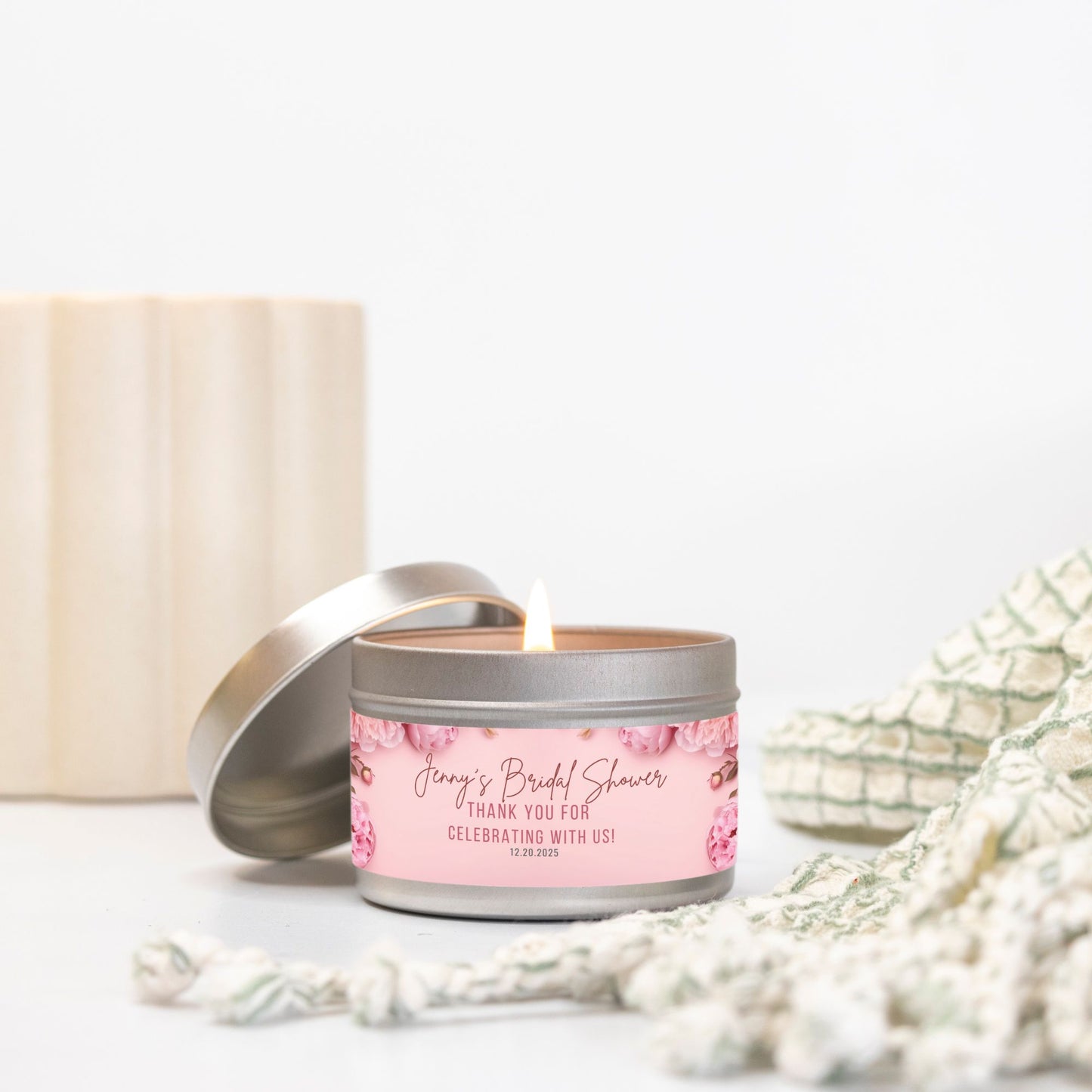 Personalized Pink Peony Bridal Shower Candle Favor - Tin 4oz