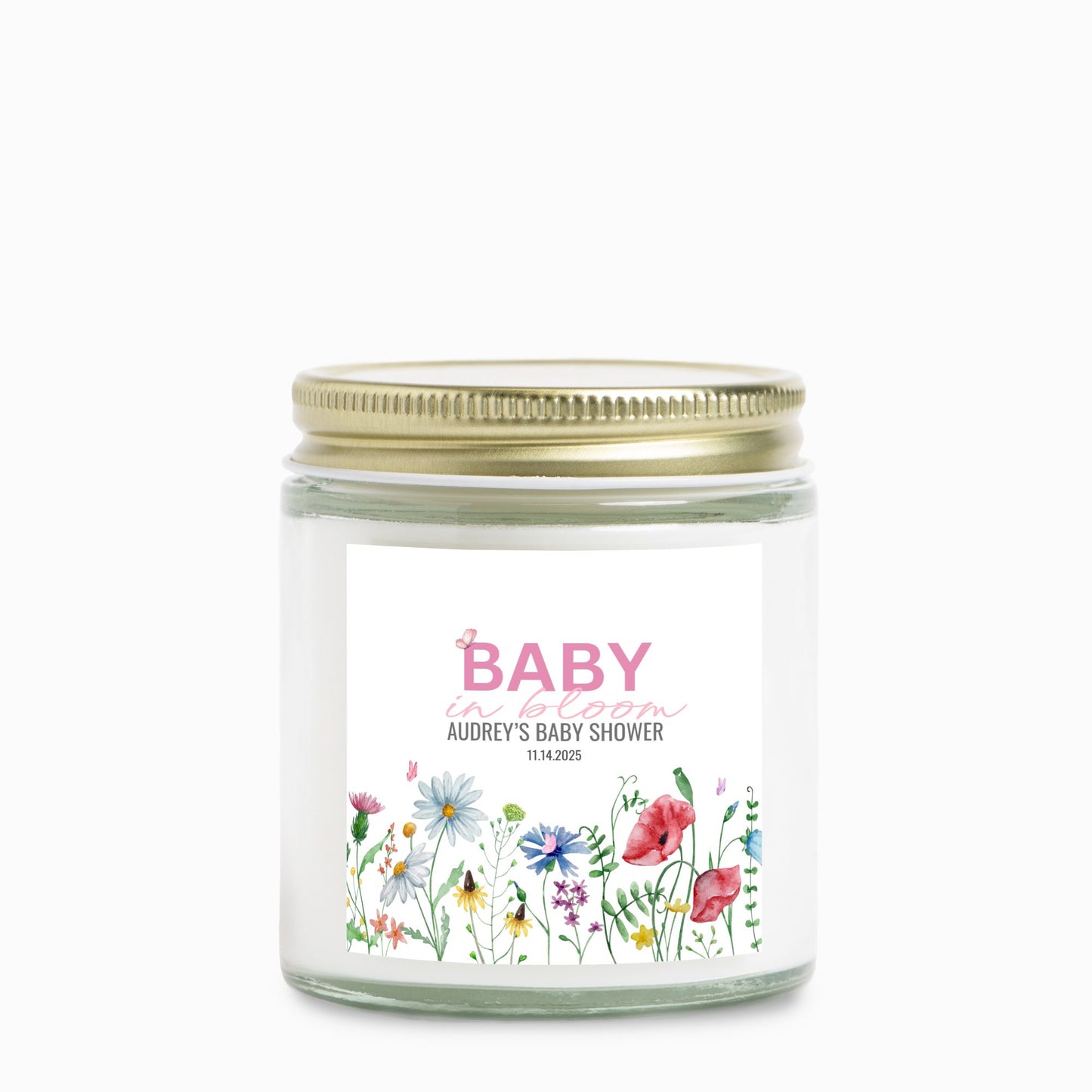 Personalized Wildflower Theme Baby Shower Candle Favors - Clear Glass Jar 4oz