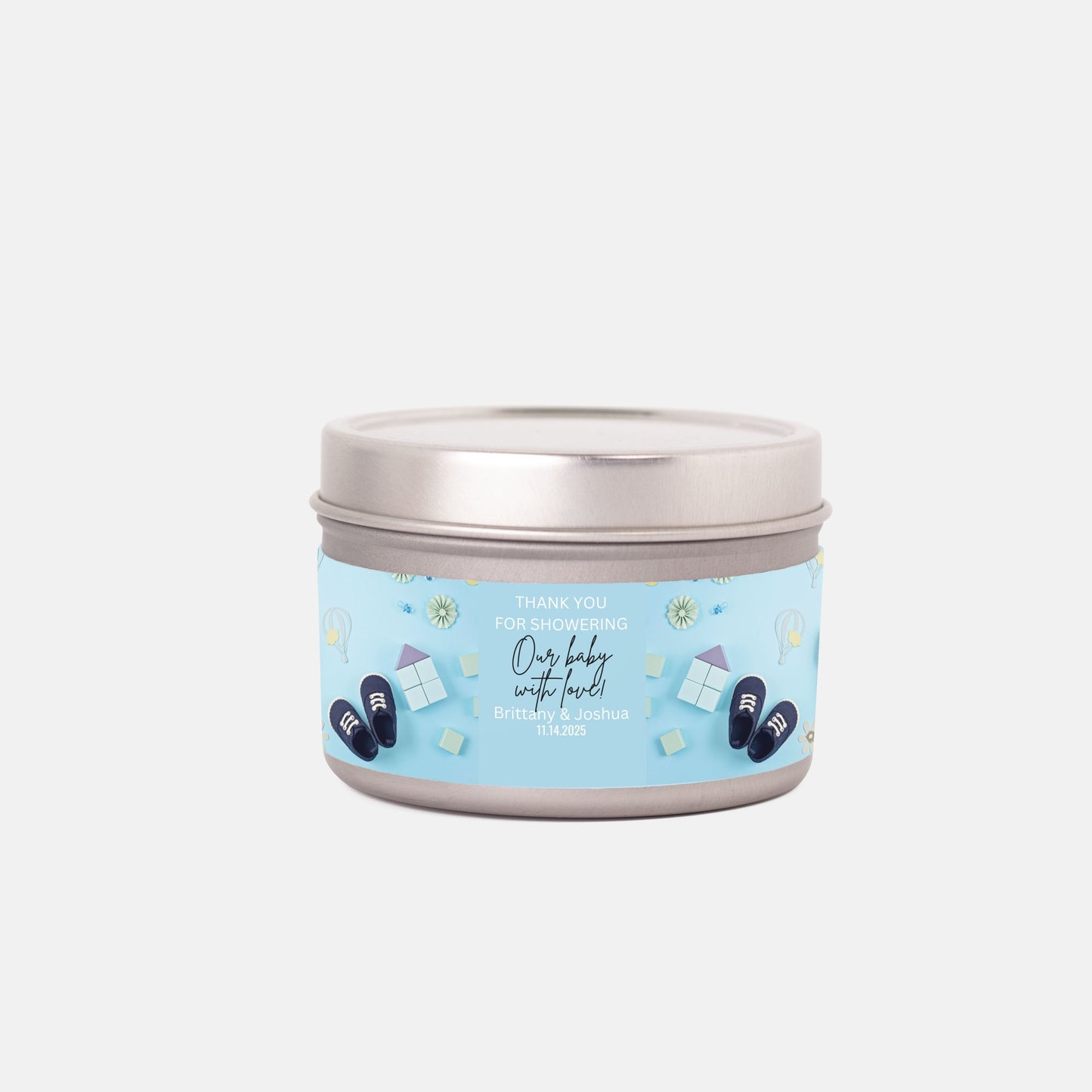 Personalized Baby Shoes Baby Shower Candle Favors - Tin 4oz