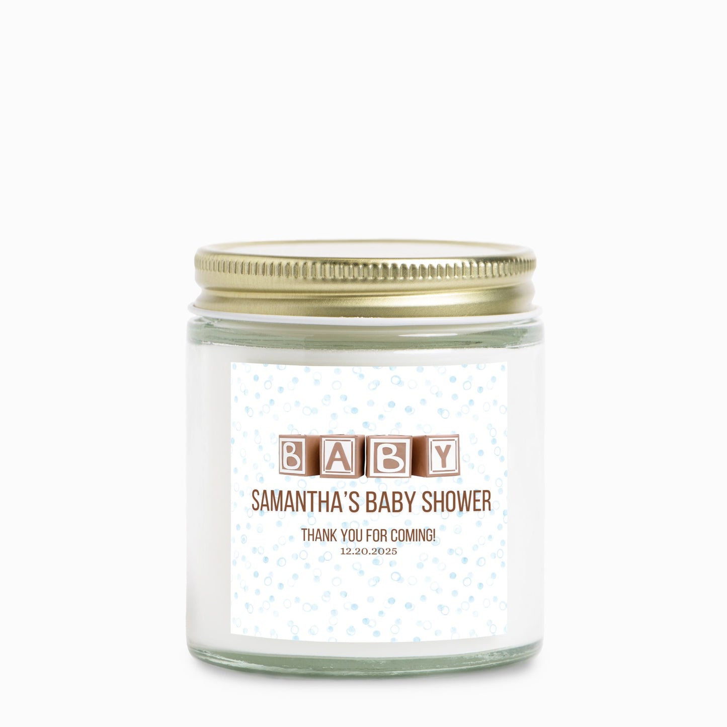 Personalized Neutral Brown Baby Shower Candle Favors - Clear Glass Jar 4oz