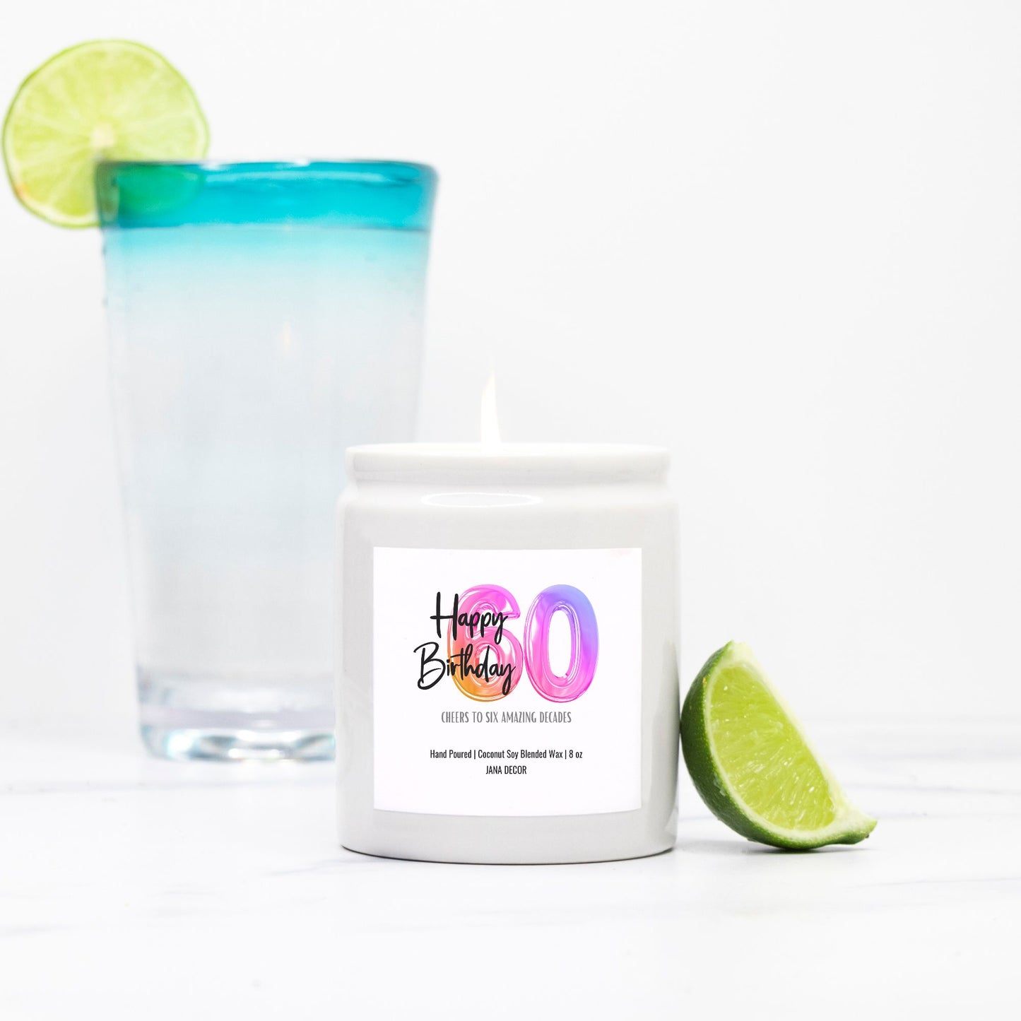 Happy 60th Birthday Candle - Ceramic 8oz (White)