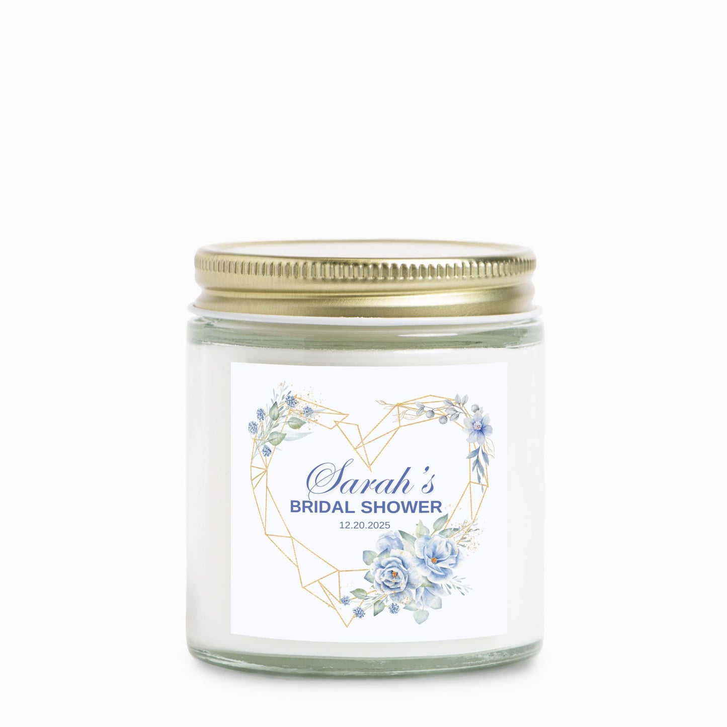 Personalized Dusty Blue Themed Bridal Shower Candle Favor in Clear Glass Jar (4oz)