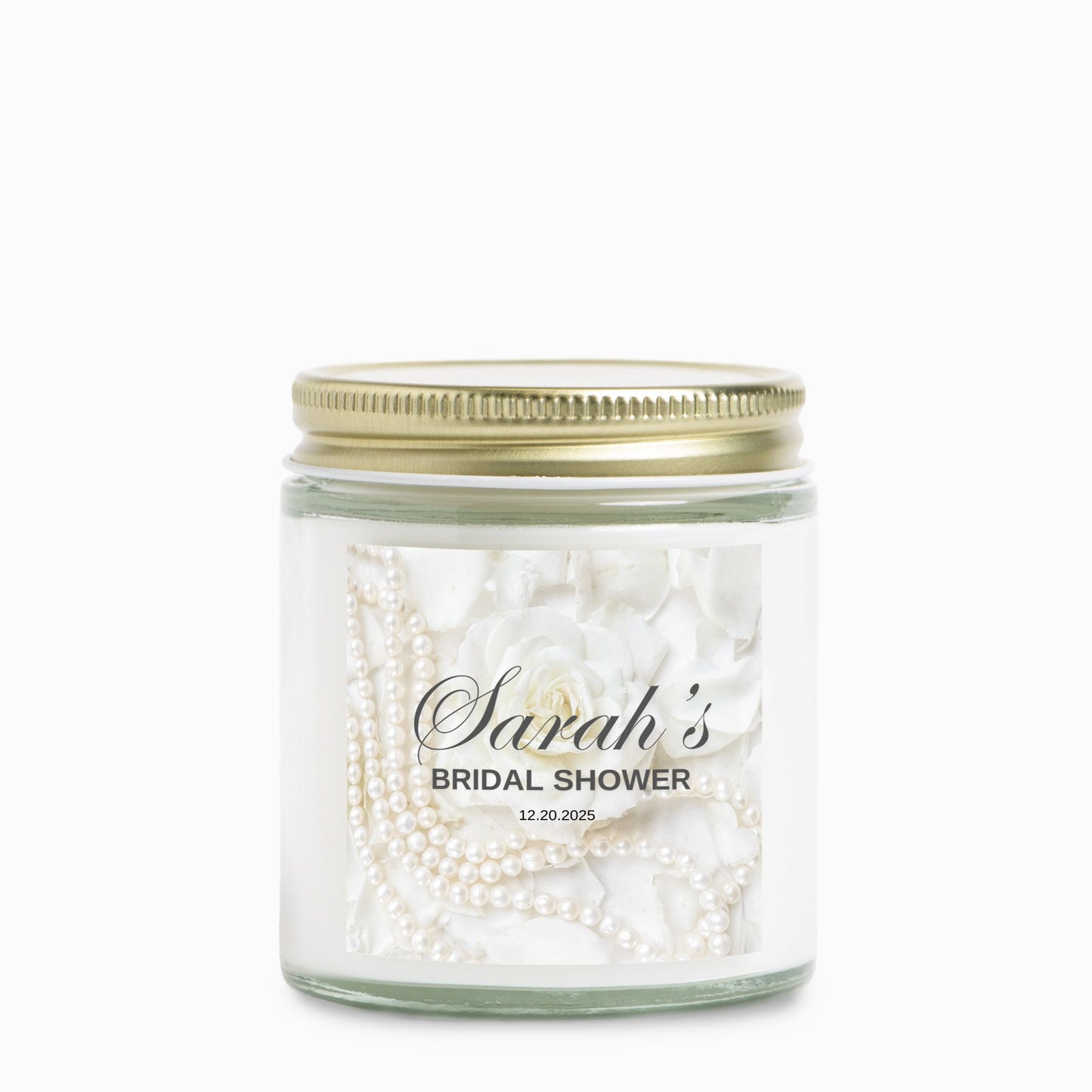 Personalized Roses and Pearl Themed Bridal Shower Candle Favor in Clear Glass Jar (4oz)