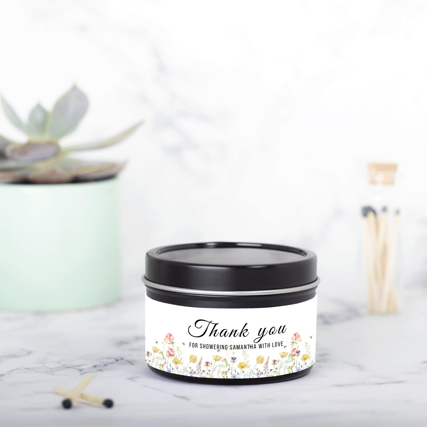 Personalized Wildflower Themed Bridal Shower Candle Favor - Tin 4oz