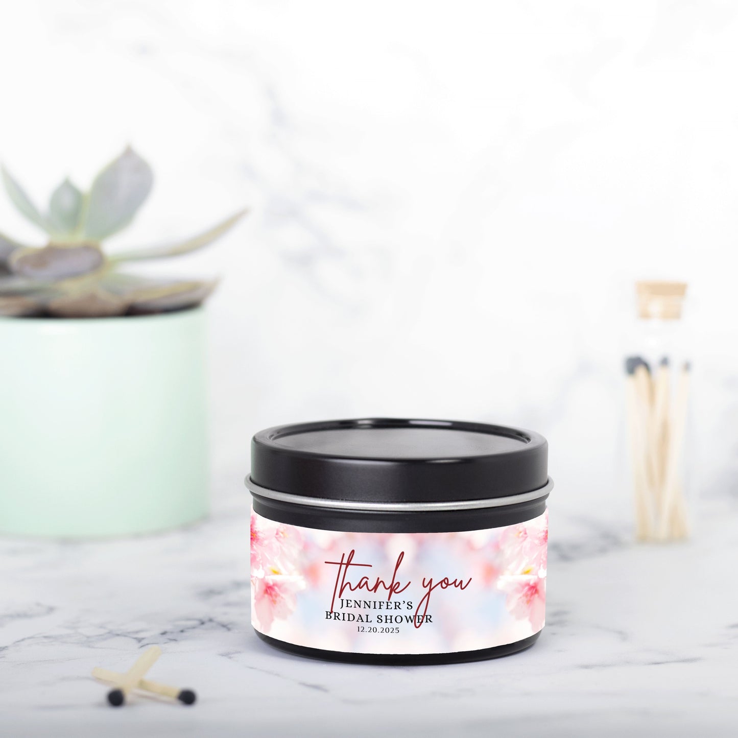 Personalized Spring Cherry Blossom Themed Bridal Shower Candle Favor - Tin 4oz